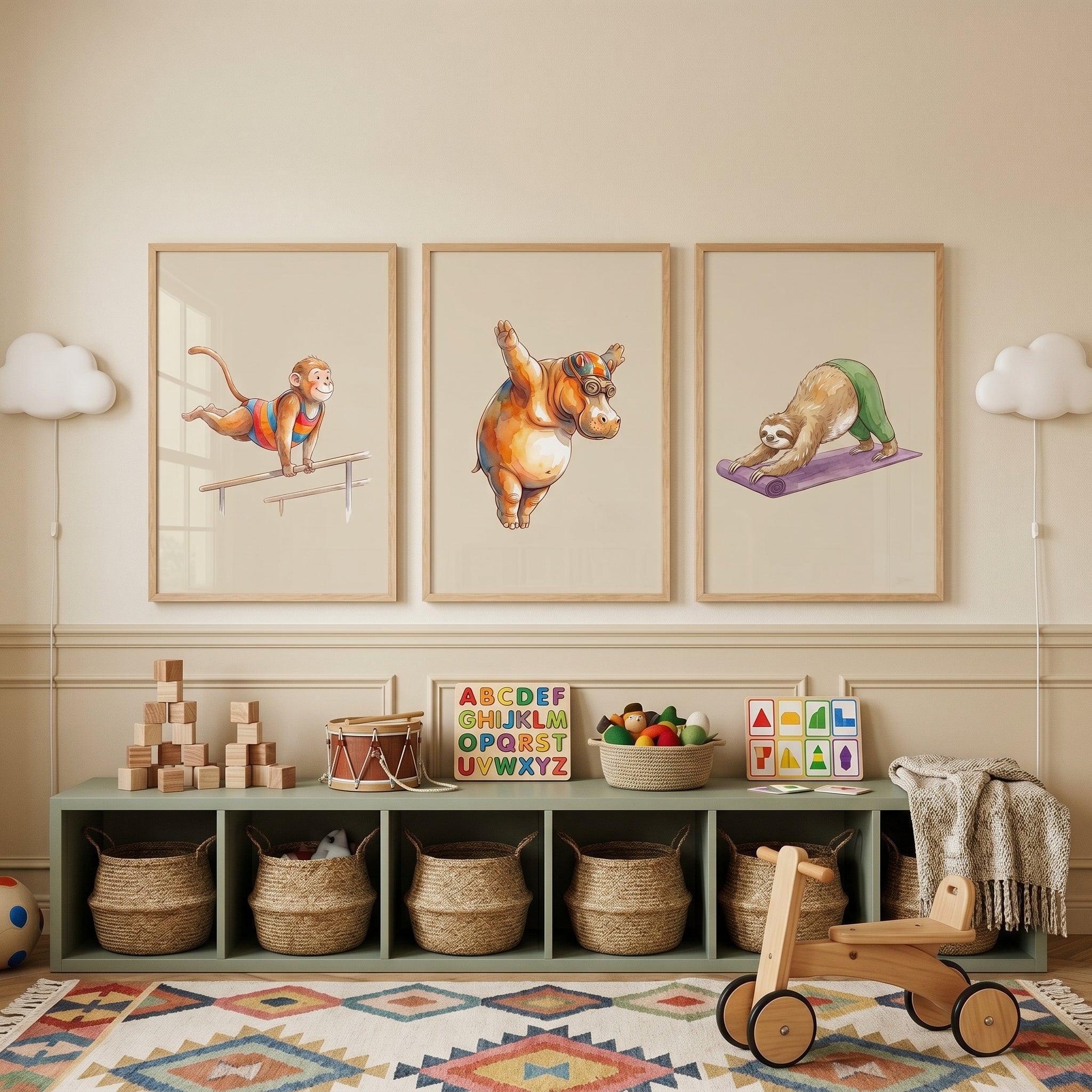 Earthy Sports Animals Wall Art Set of 3 - Athletic Animal Art