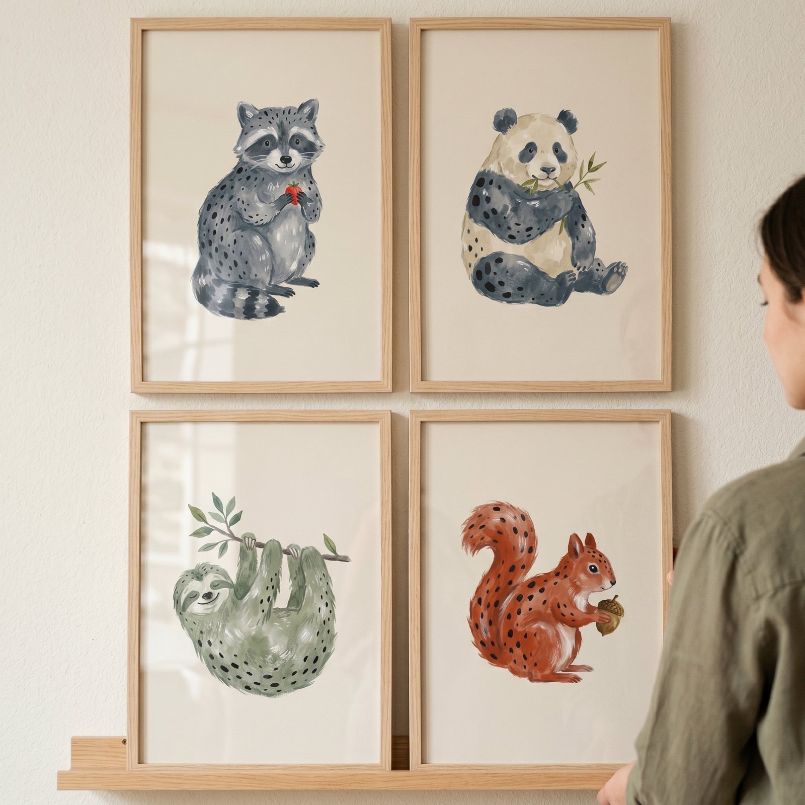 Earthy spotted forest animals wall art set of 4 featuring a raccoon, panda, sloth, and squirrel in light wood frames.