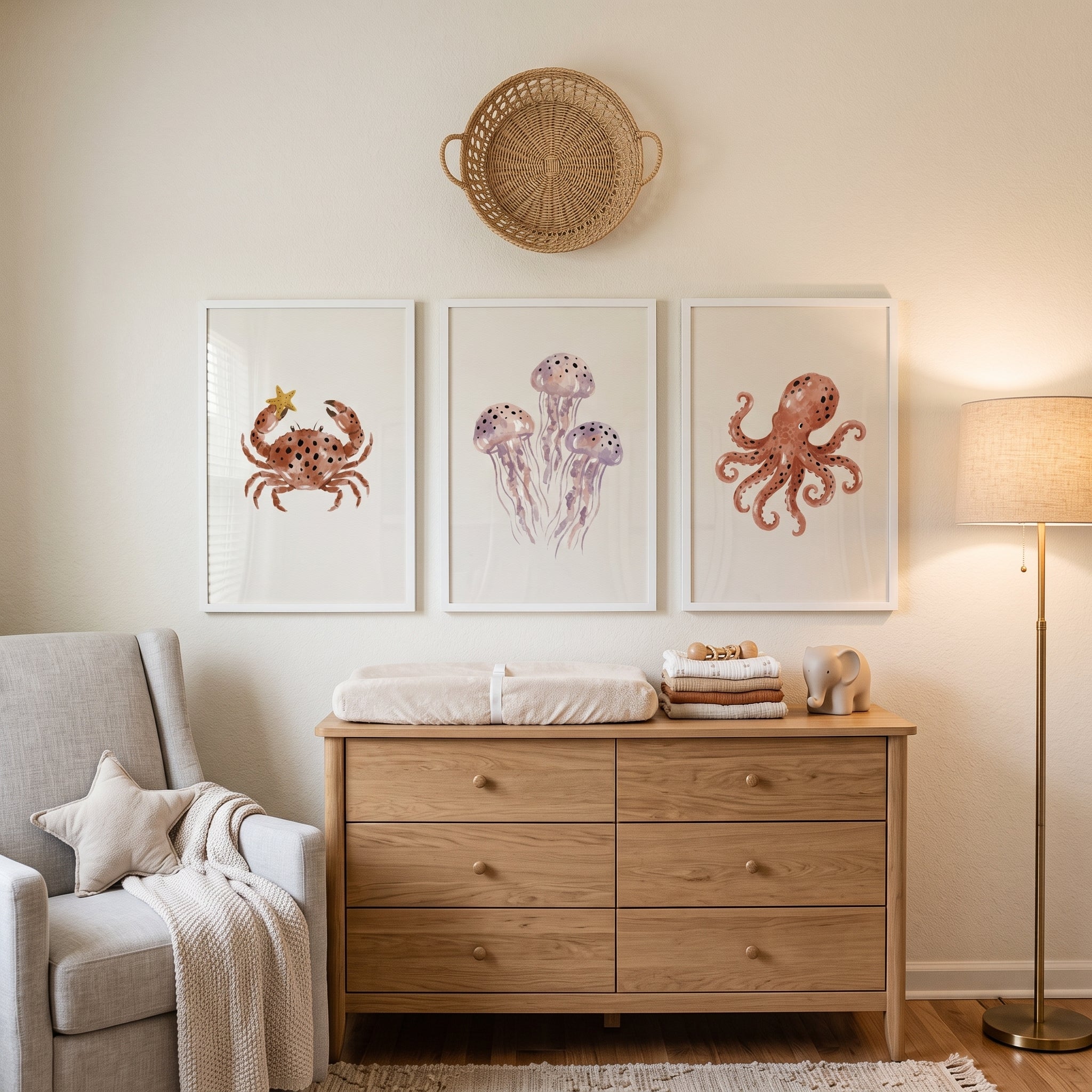 Earthy Spotted Sea Animal Wall Art Set of 3 - Oceanic Pastel Friends