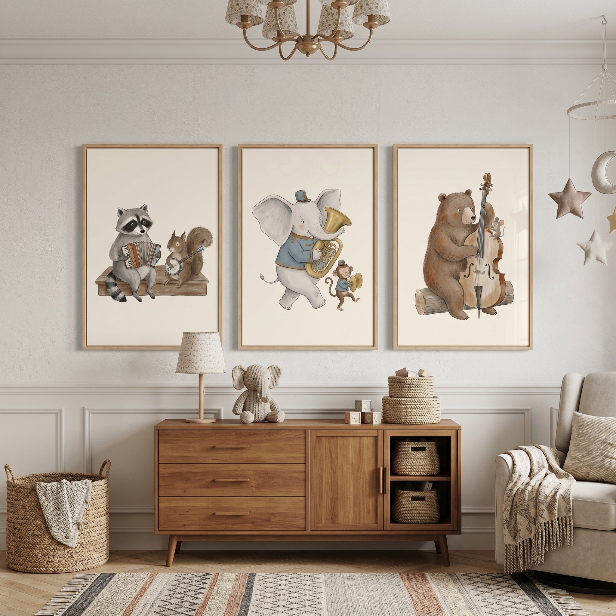Earthy Storybook Musical Animal Wall Art Set Of 3 - Woodland Rhythm Trio