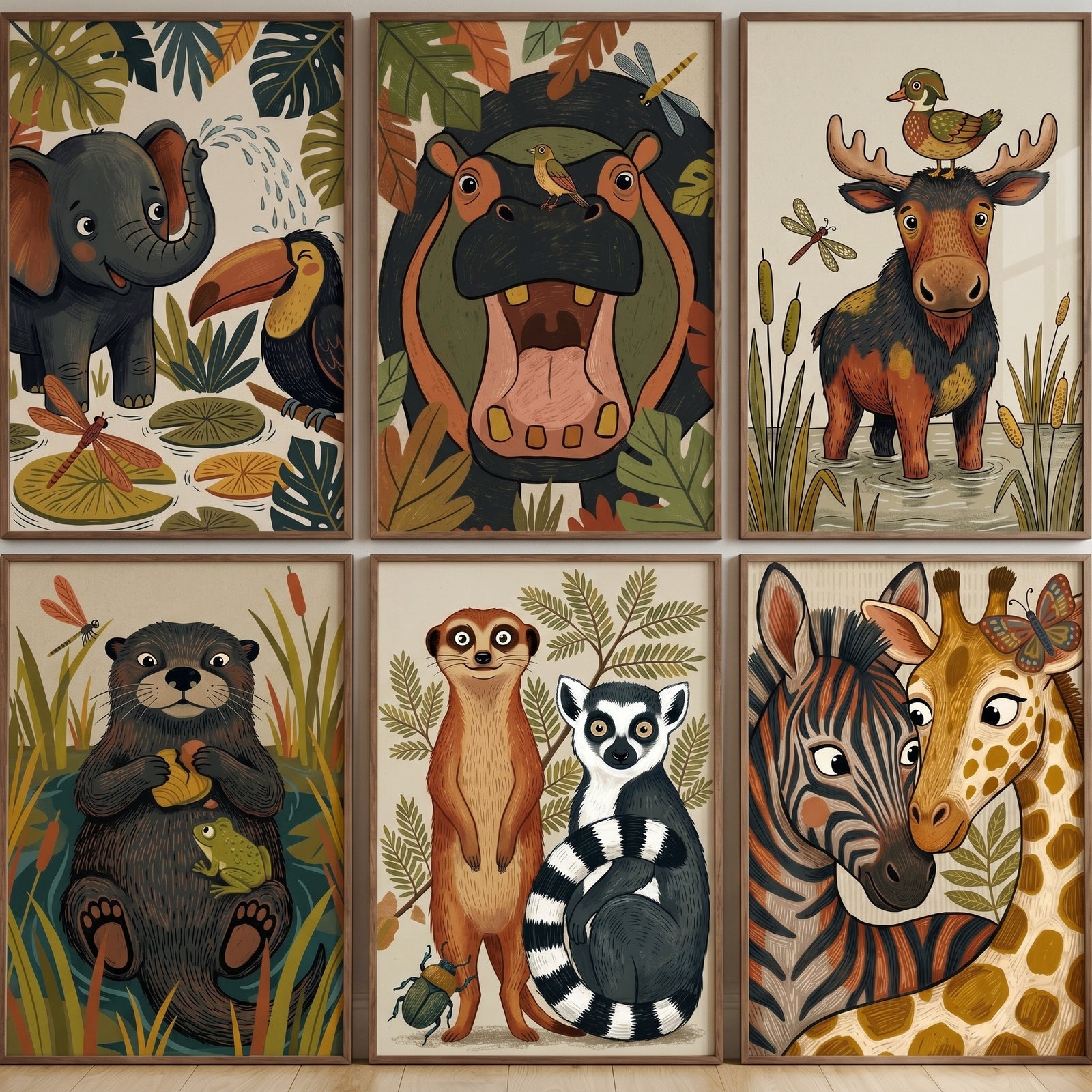 Earthy storybook safari animals wall art set of 6 with an elephant, hippo, moose, otter, lemur, and giraffe.
