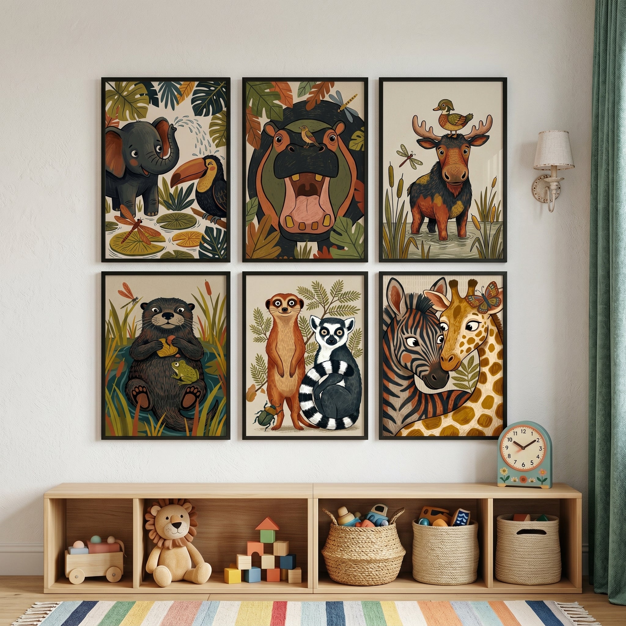 Earthy Storybook Safari Animals Wall Art Set of 6 - Wild Animal Friends