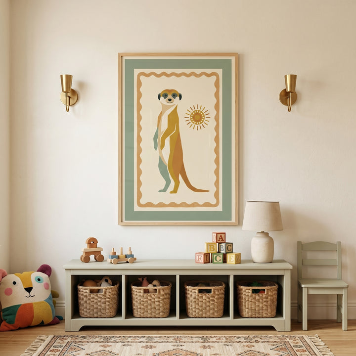 Earthy sun folk meerkat wall art hangs above a toy bench with woven baskets and blocks in a neutral-toned nursery.