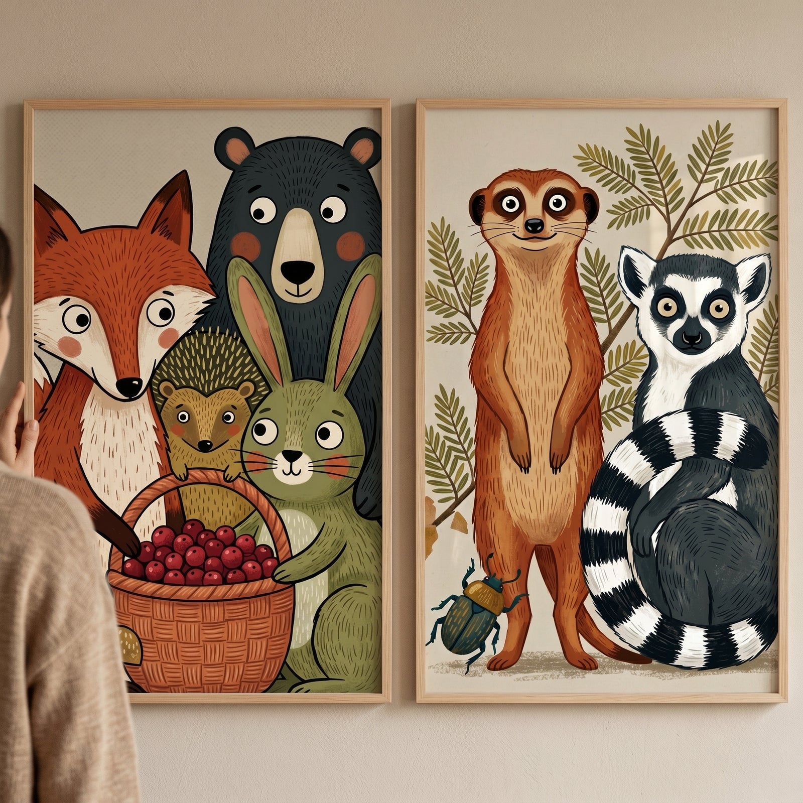 Earthy textured whimsical animals wall art set of 2 featuring a fox, bear, rabbit, hedgehog, meerkat, and lemur.