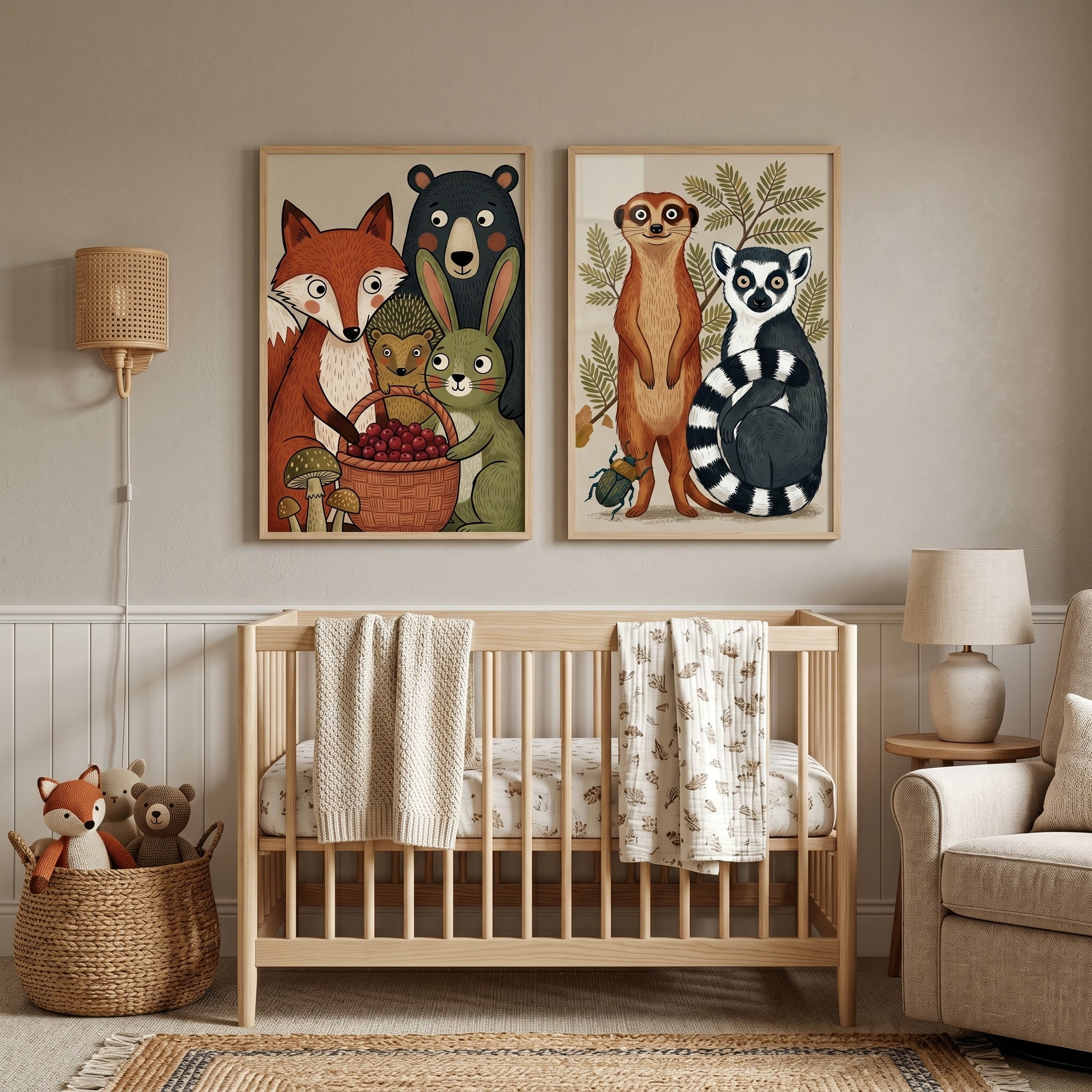 Earthy Textured Whimsical Animals Wall Art Set Of 2 - Forest Animal Tales