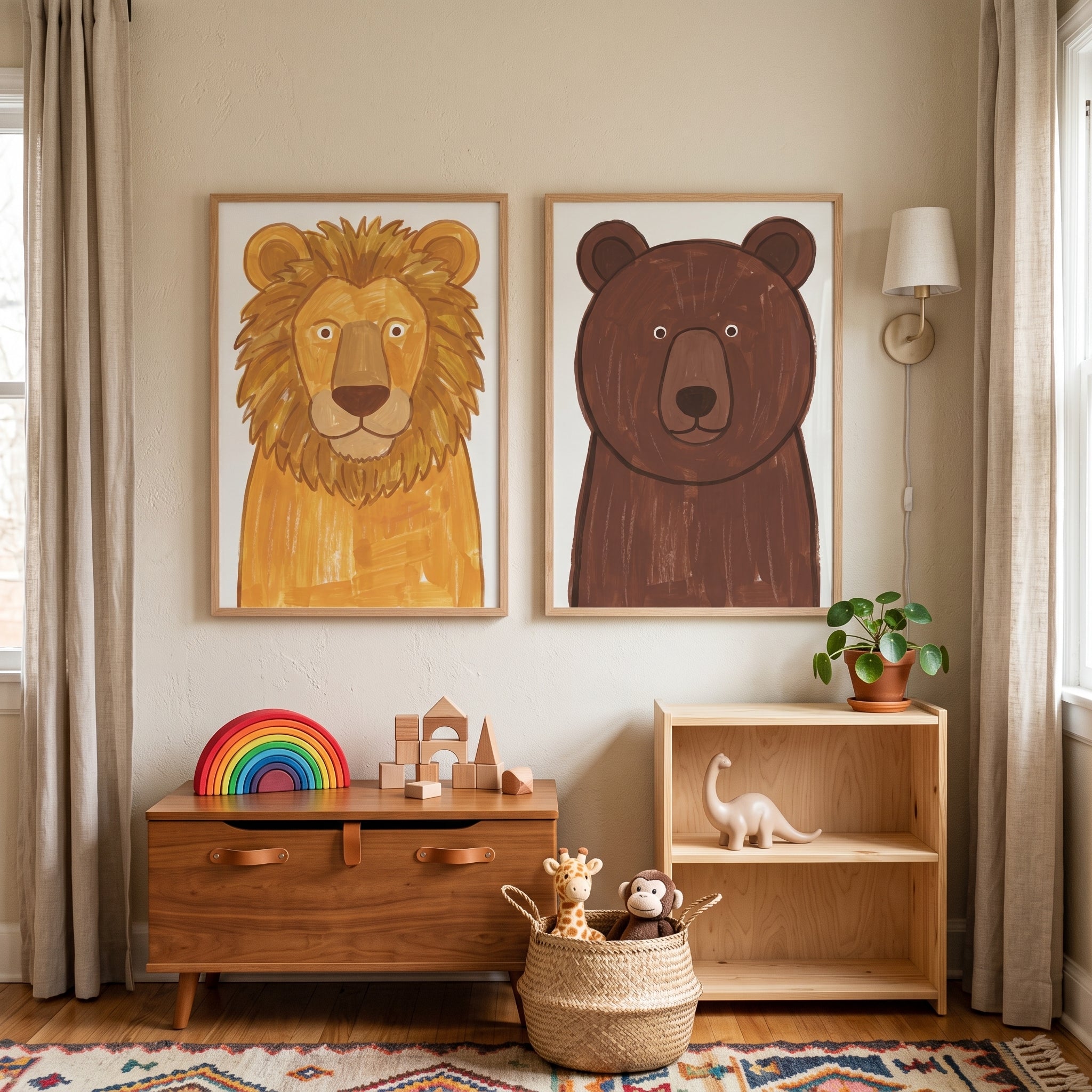 Earthy Textured Wild Animal Wall Art Set of 2 - Friendly Wild Faces