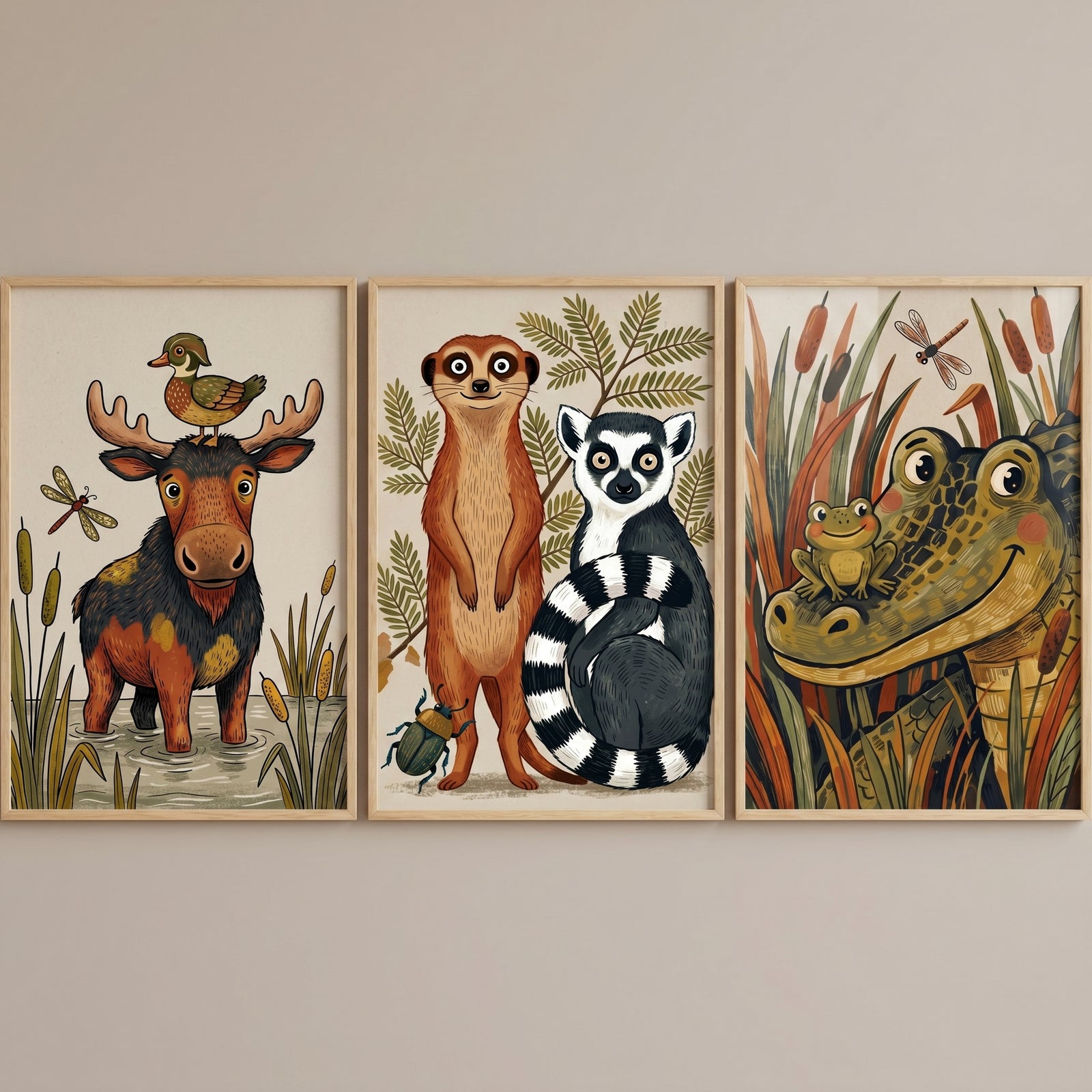 Earthy textured wild animal wall art set of 3 featuring an alligator, meerkat, lemur, and moose in earthy tones.