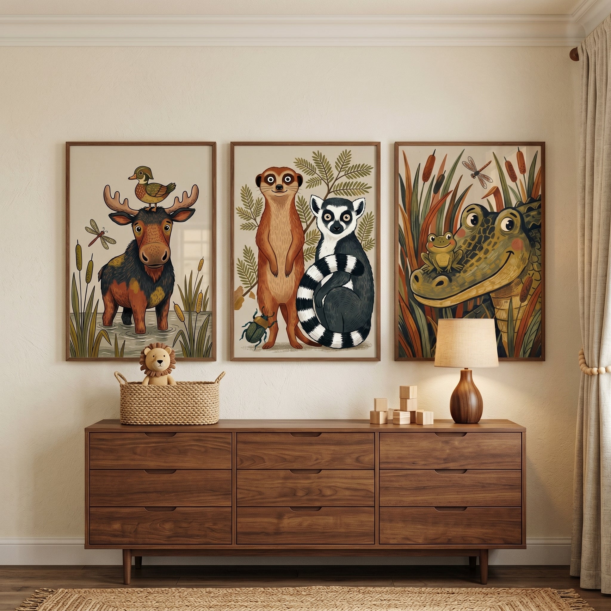 Earthy Textured Wild Animal Wall Art Set of 3 - Cute Nature Pals
