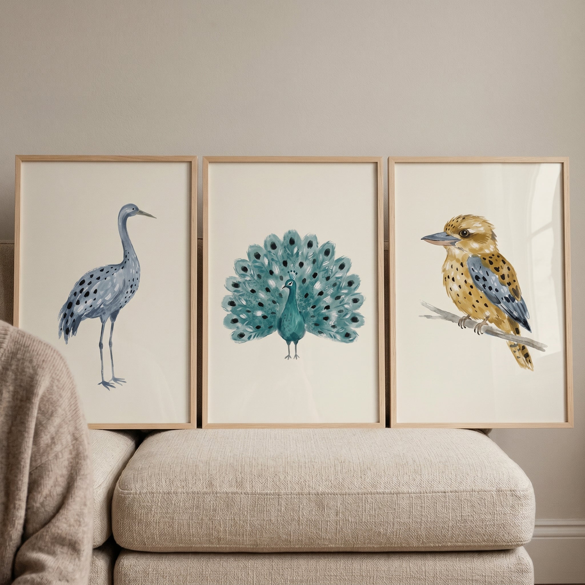 Earthy Tonal Spotted Birds Artwork Set of 3 - Graceful Bird Trio