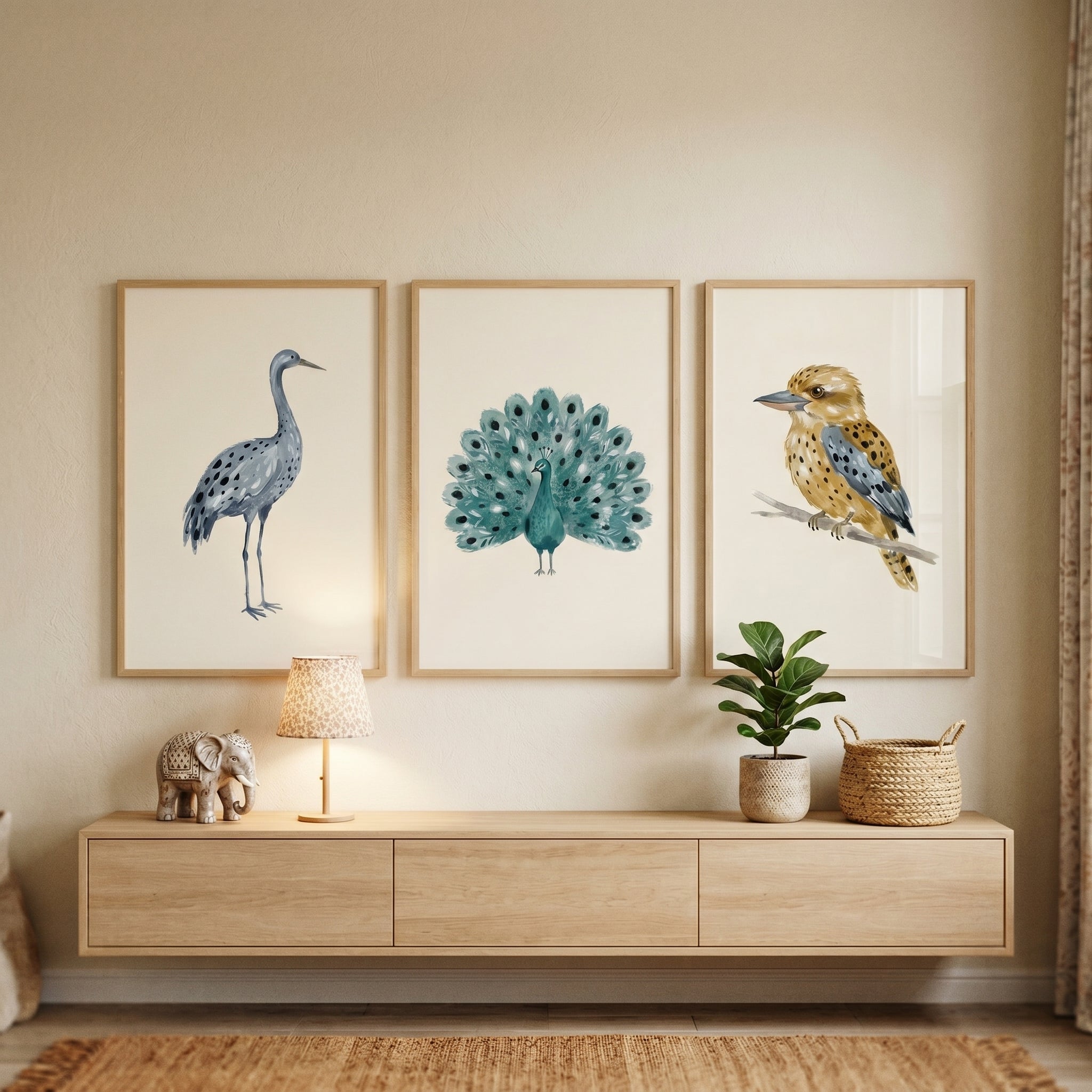 Earthy Tonal Spotted Birds Artwork Set of 3 - Graceful Bird Trio
