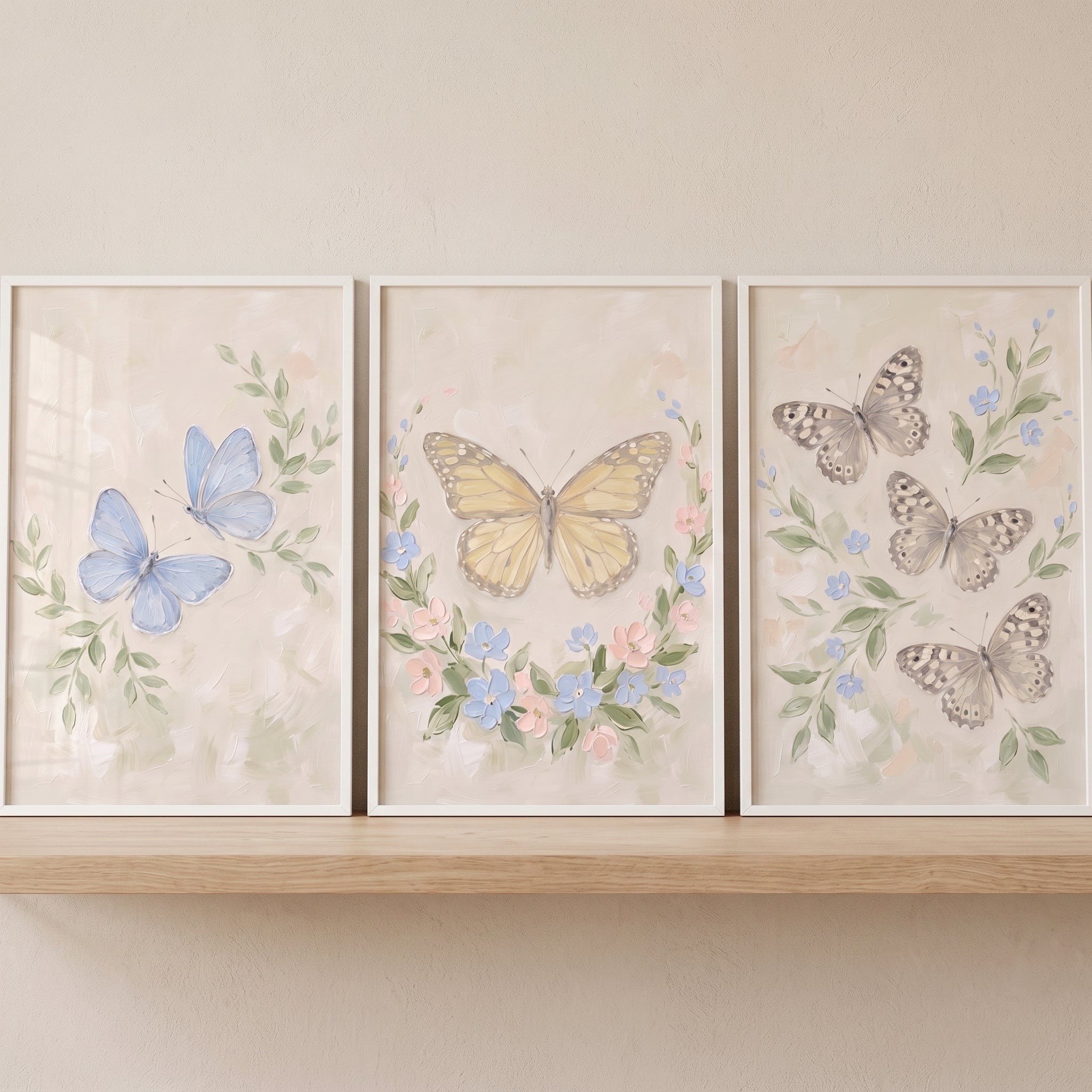 Earthy Tone Botanical Butterfly Wall Art Set of 3 - Pastel Wings Trio