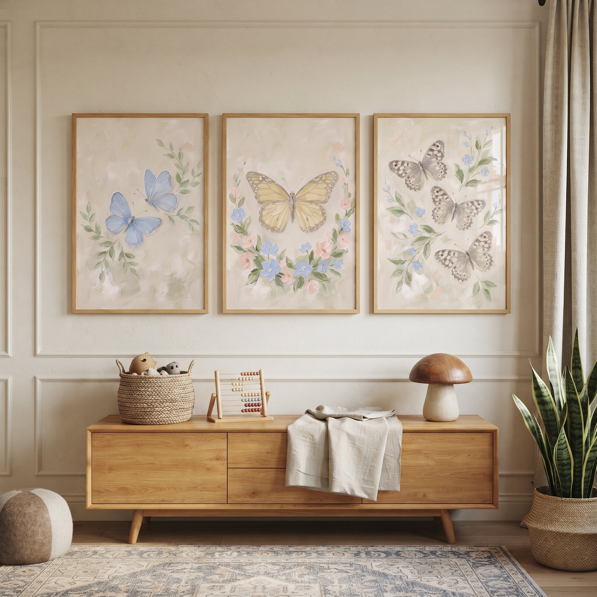 Earthy Tone Botanical Butterfly Wall Art Set of 3 - Pastel Wings Trio