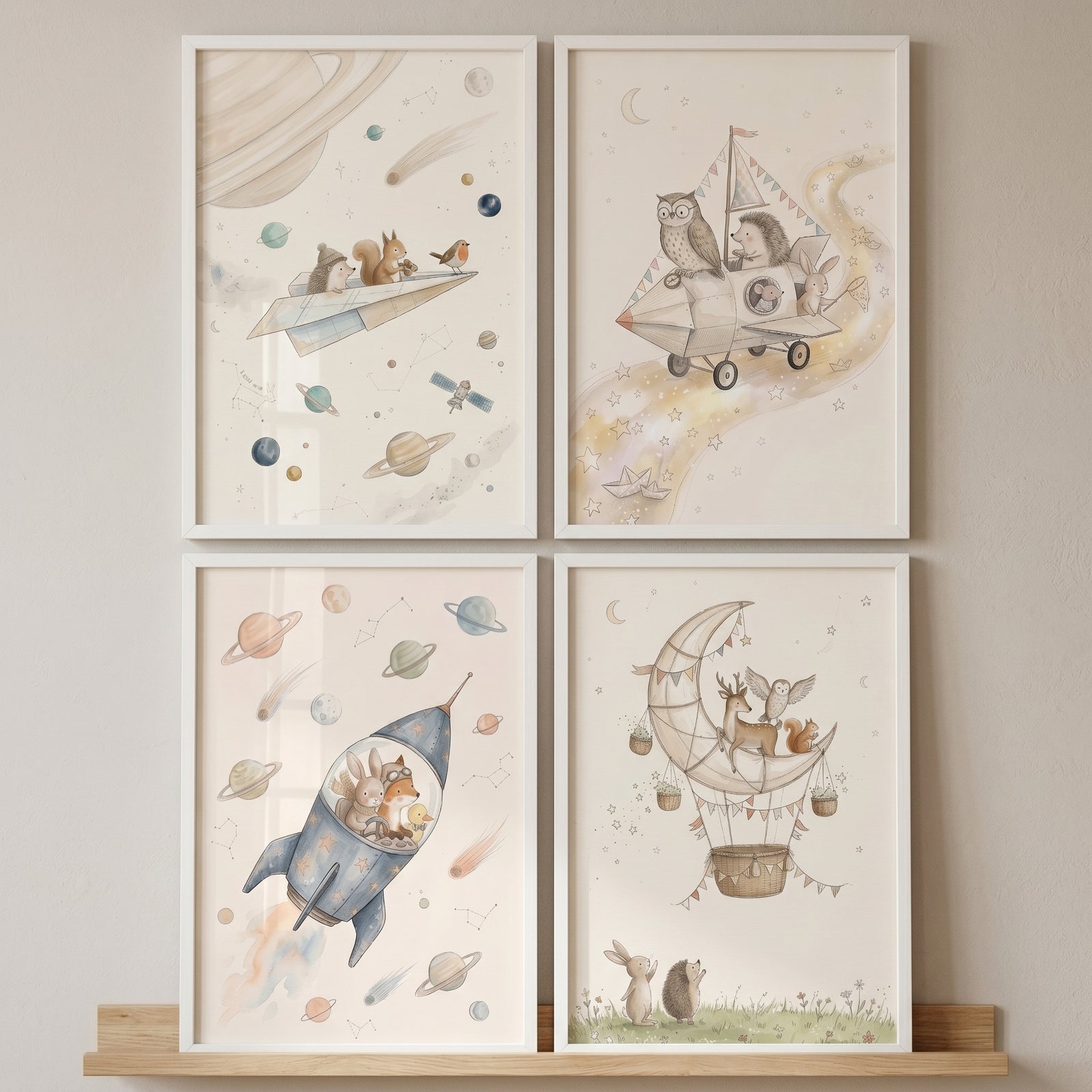 Earthy tone celestial animals wall art set of 4 depicts woodland creatures in watercolor rockets, planes, and moon balloons.