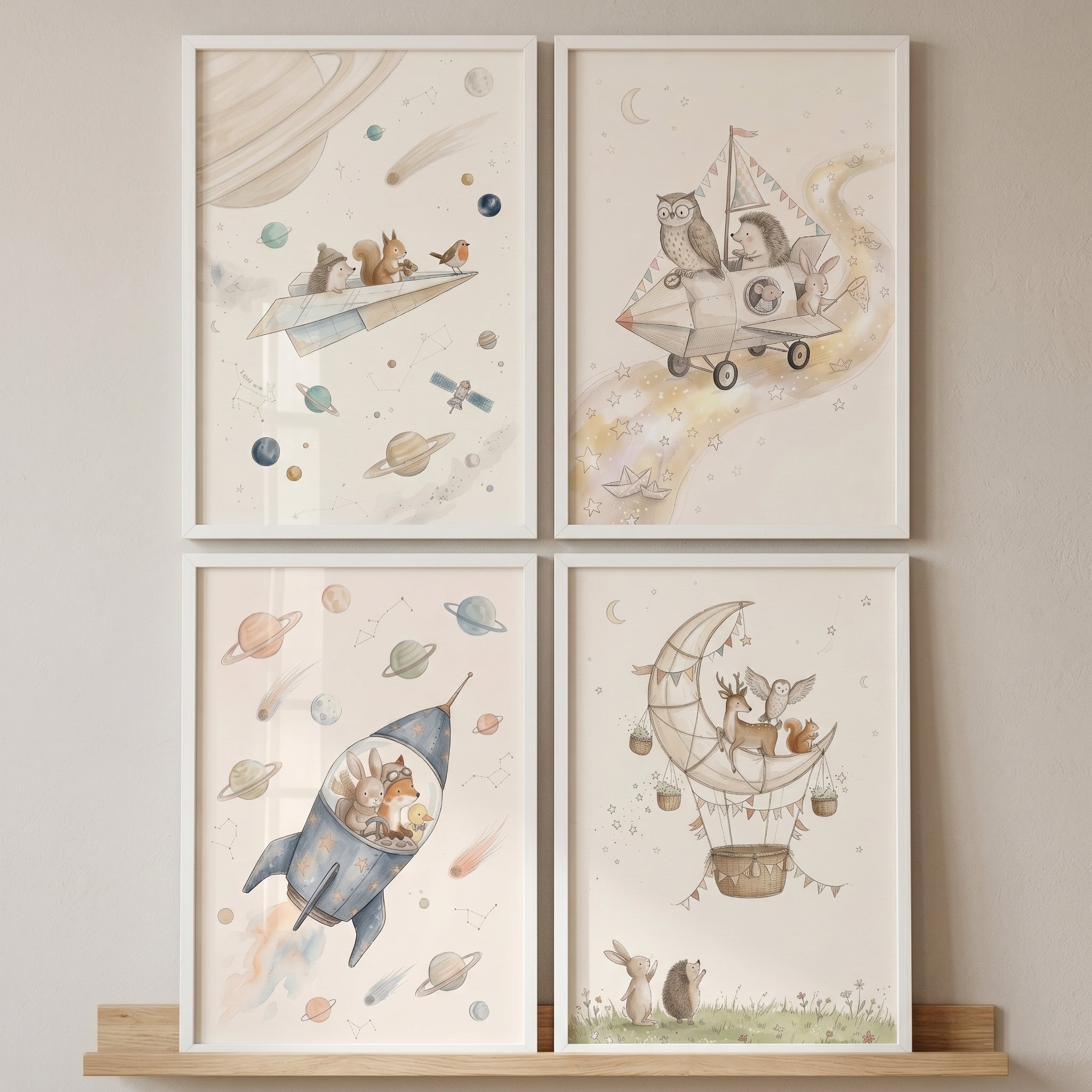 Earthy Tone Celestial Animals Wall Art Set of 4 - Cosmic Forest Friends