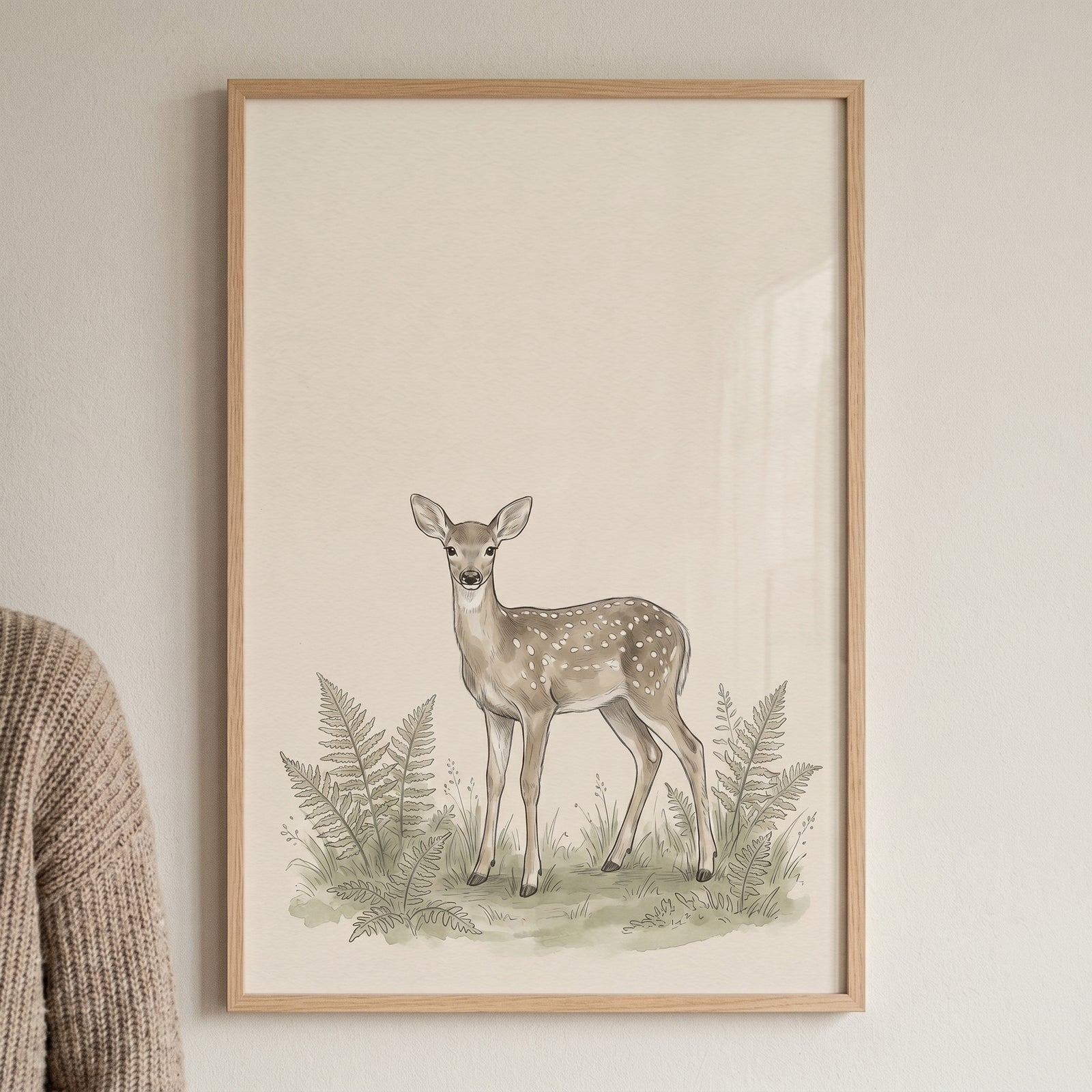 Earthy tone forest deer artwork of a spotted fawn among ferns, framed in light wood on a wall next to a beige sweater.