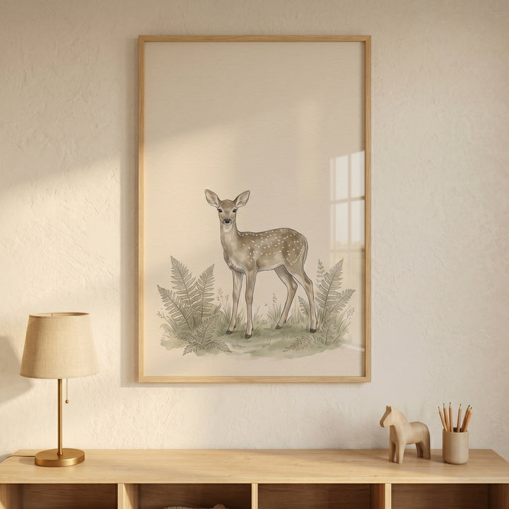 Earthy tone forest deer artwork framed on a wall above a desk with a lamp, wooden horse, and pencil holder.