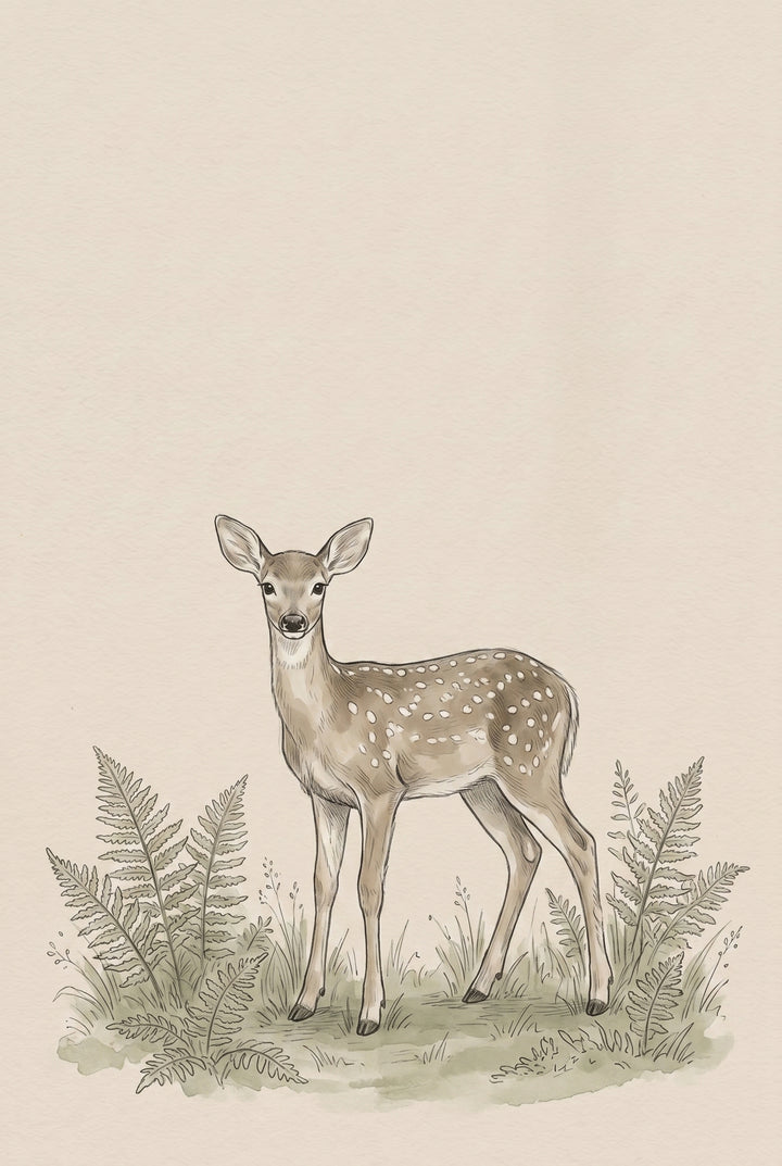 Earthy tone forest deer artwork featuring a spotted fawn standing among green ferns against a beige backdrop.