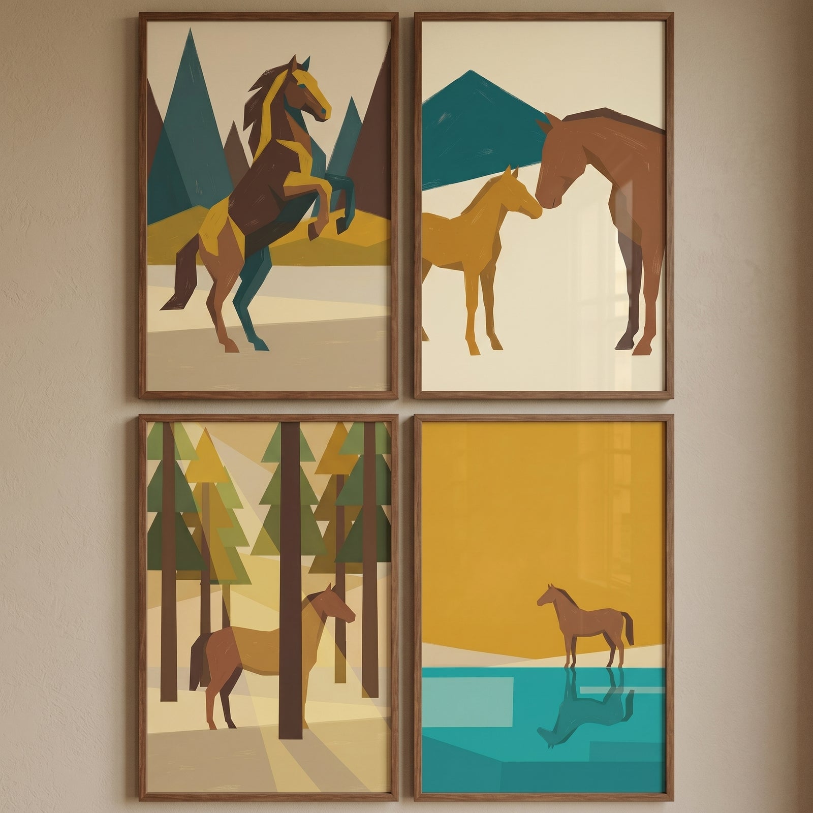 Earthy tone geometric horse print set of 4 featuring horses in minimalist mountain, forest, and lakeside landscapes.