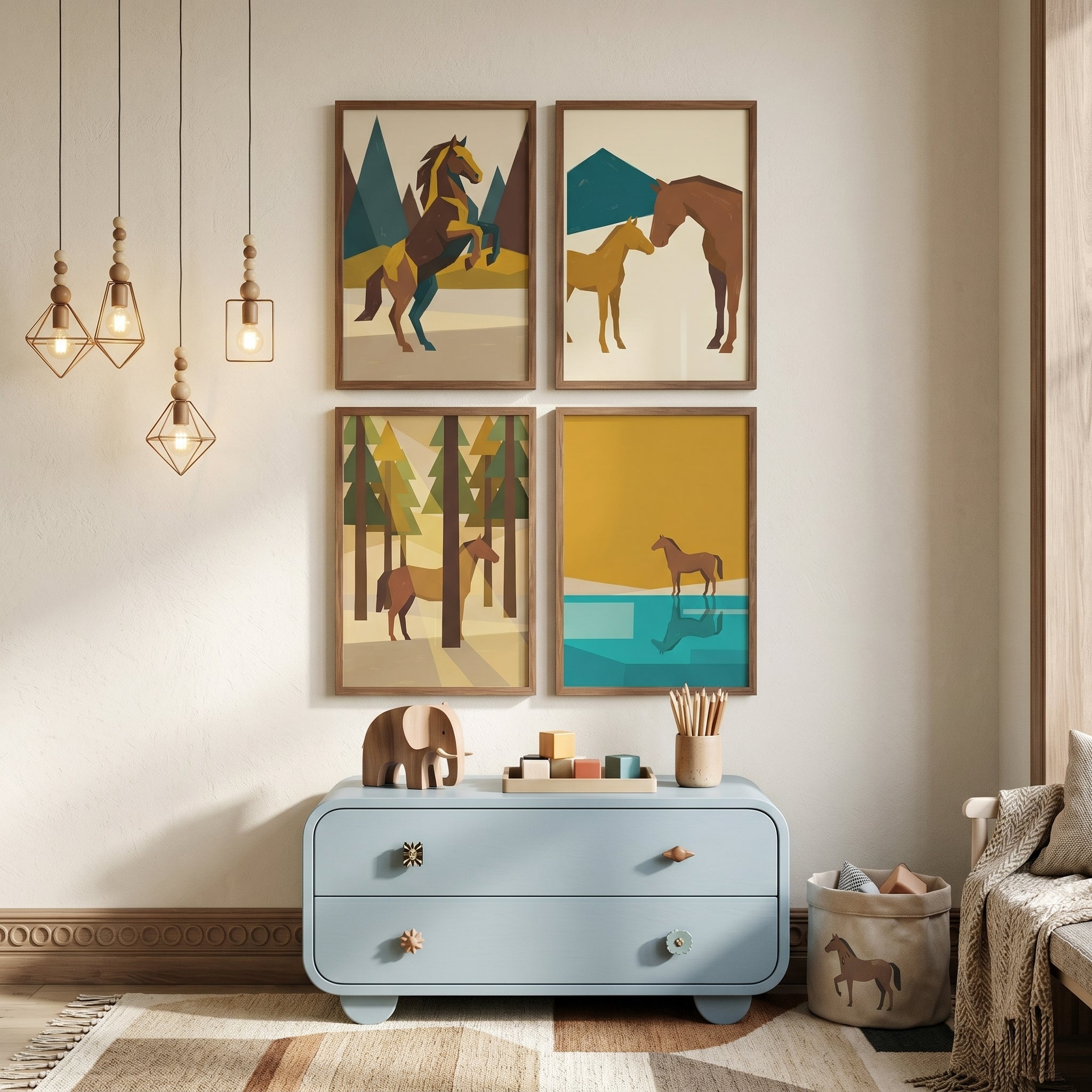 Earthy Tone Geometric Horse Print Set of 4 - Geometric Stallion Series