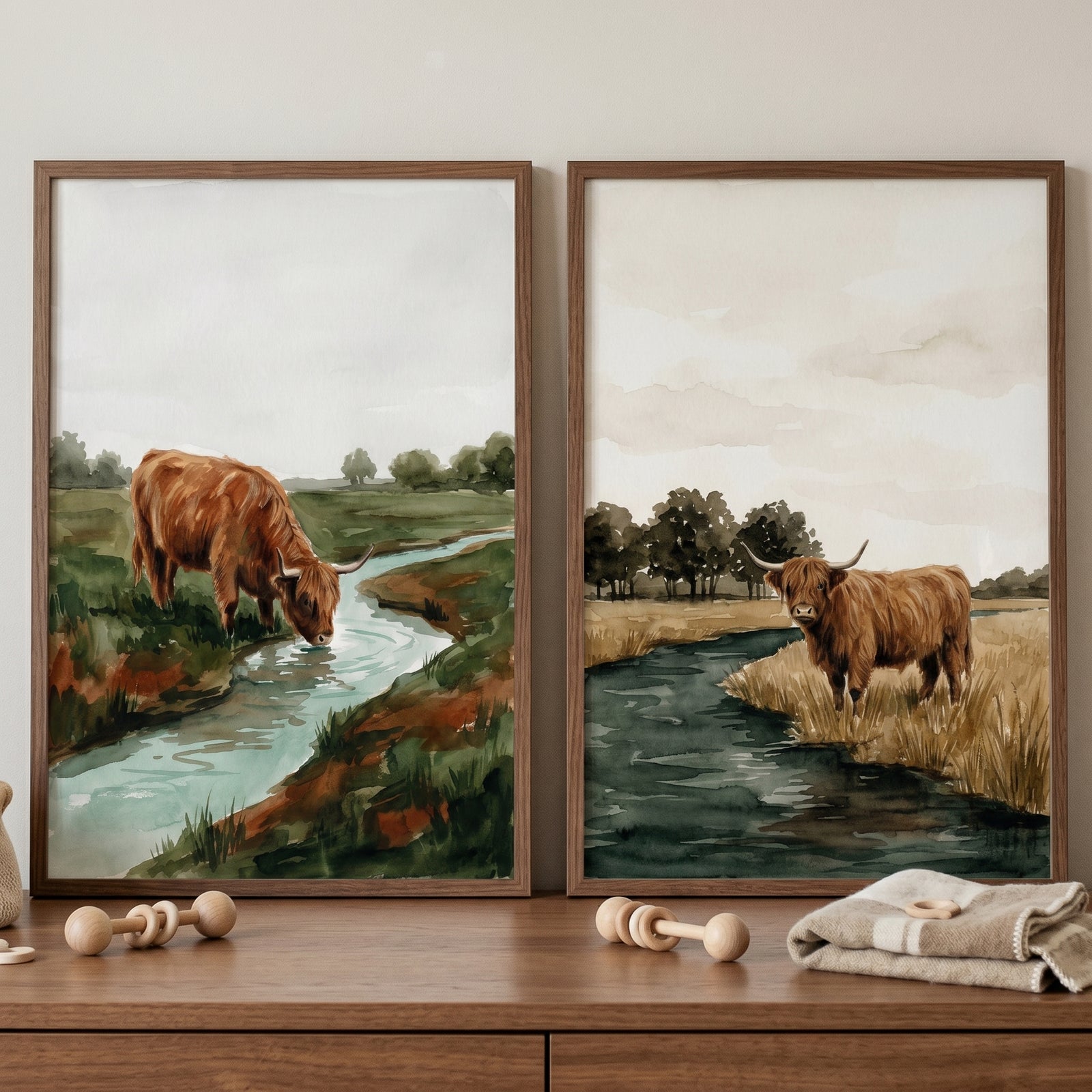 Two framed scenes show long-haired cows near water in this earthy tone highland cow wall art set of 2.