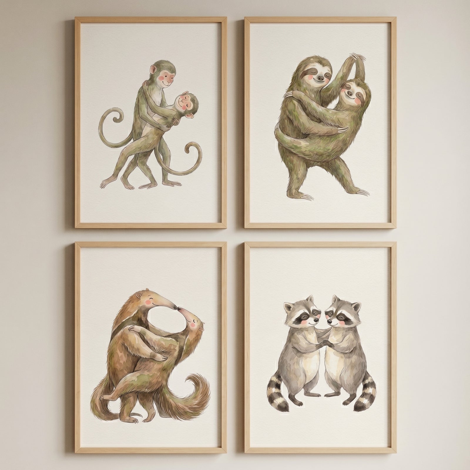 Pairs of monkeys, sloths, anteaters, and raccoons embrace in this earthy tone hugging animal wall art set of 4.