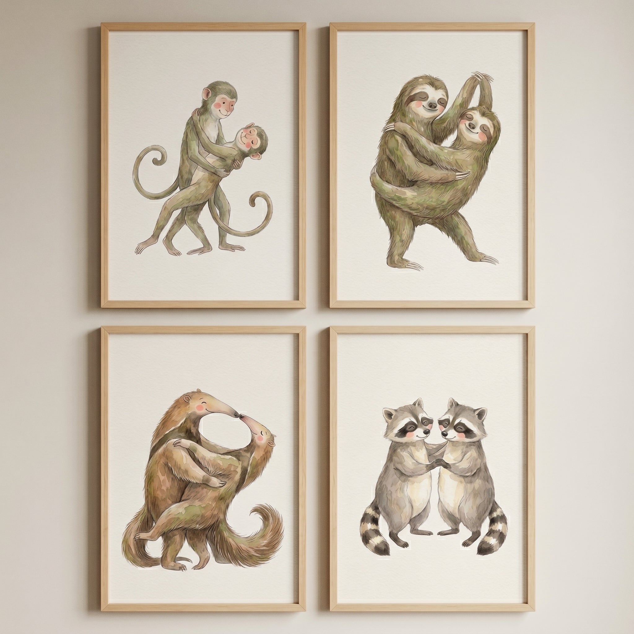 Earthy Tone Hugging Animal Wall Art Set of 4 - Dancing Forest Friends
