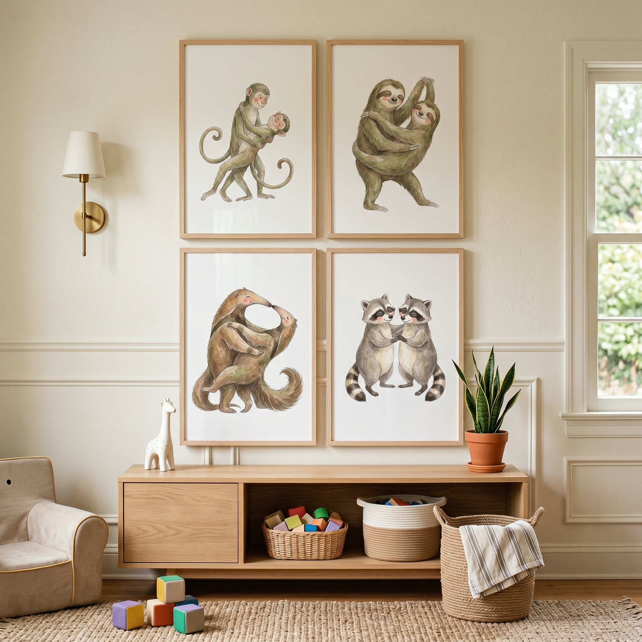Earthy Tone Hugging Animal Wall Art Set of 4 - Dancing Forest Friends