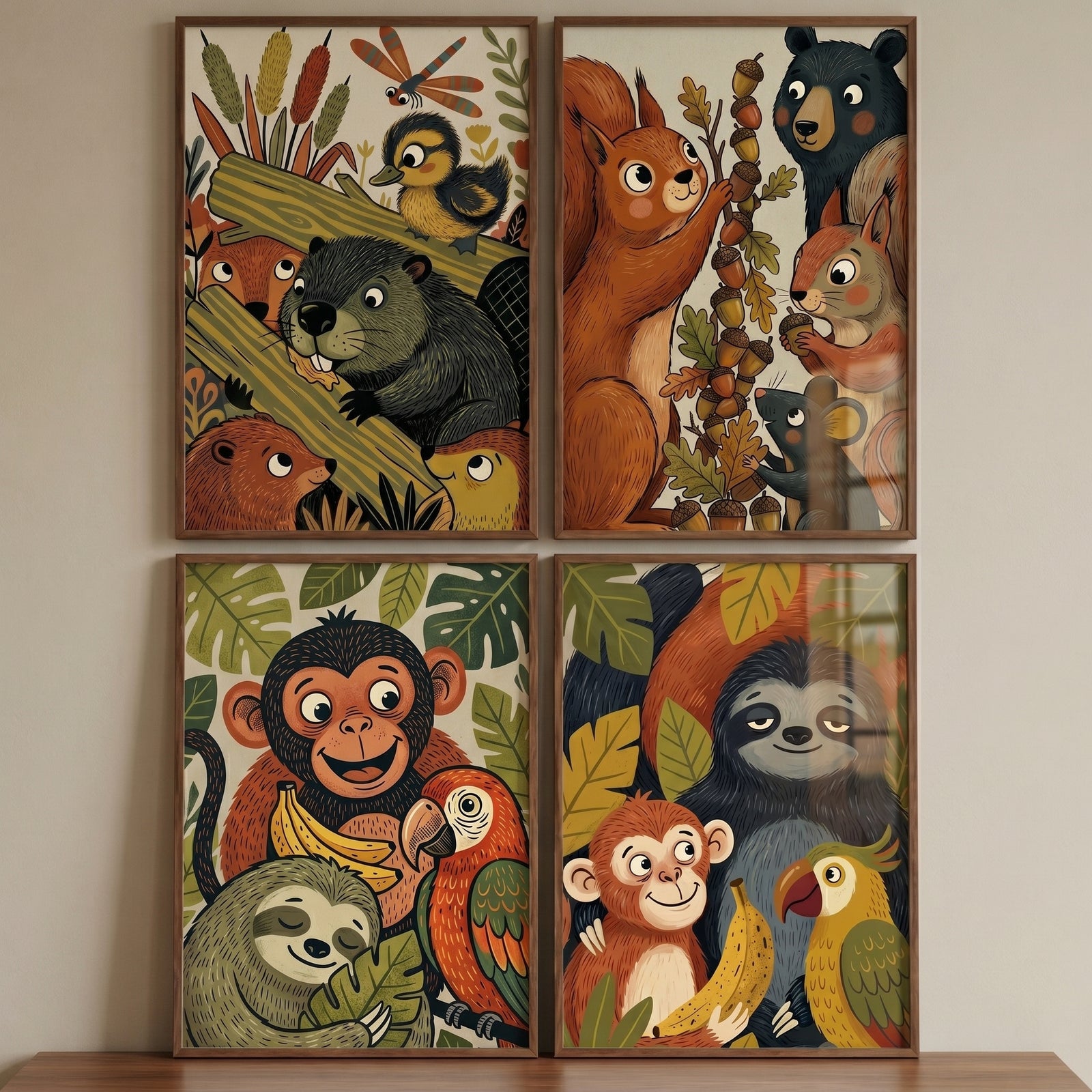 Earthy tone illustrated animals wall art set of 4 featuring a beaver, bear, squirrels, monkeys, sloths, and parrots.