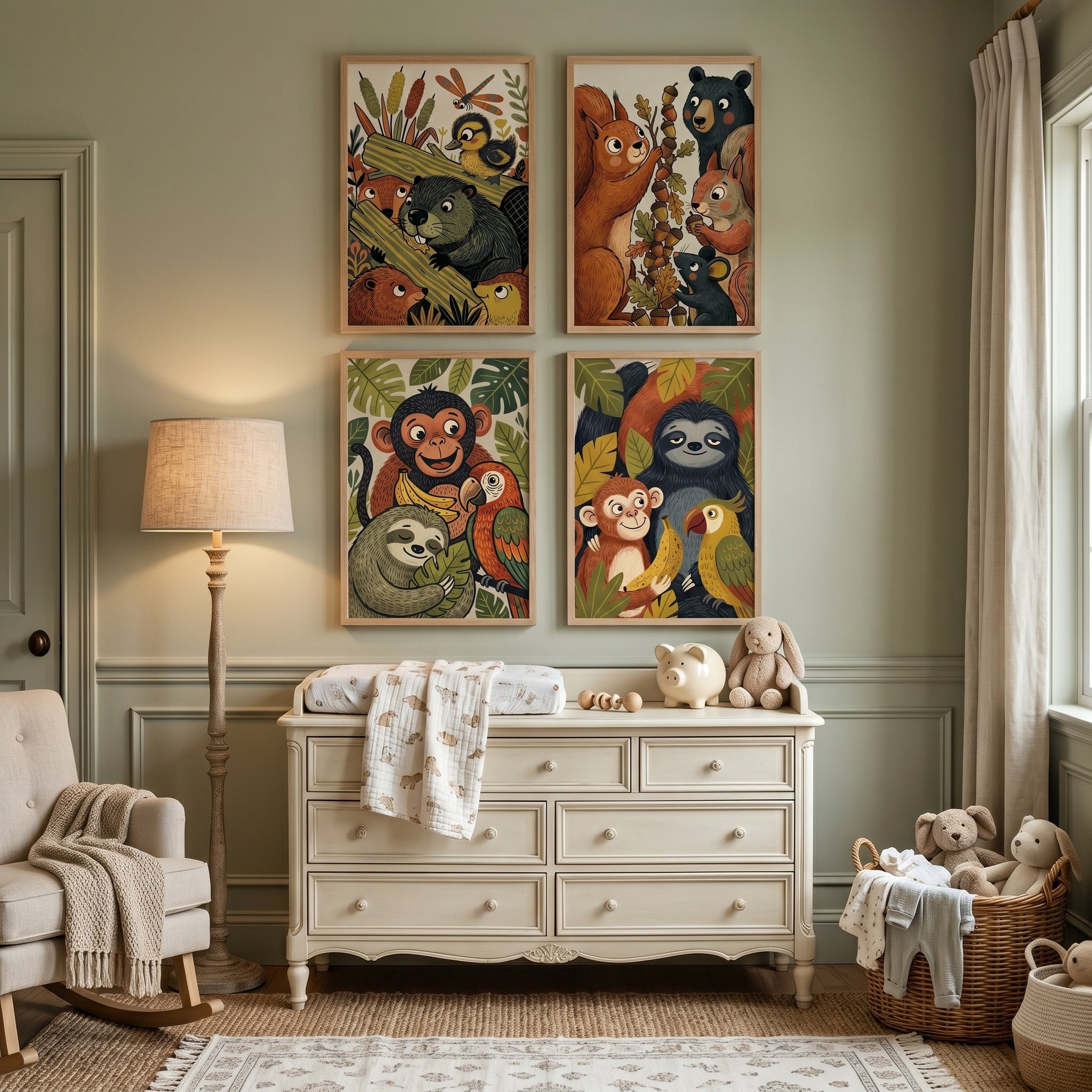 Earthy Tone Illustrated Animals Wall Art Set of 4 - Whimsical Wildlife Art