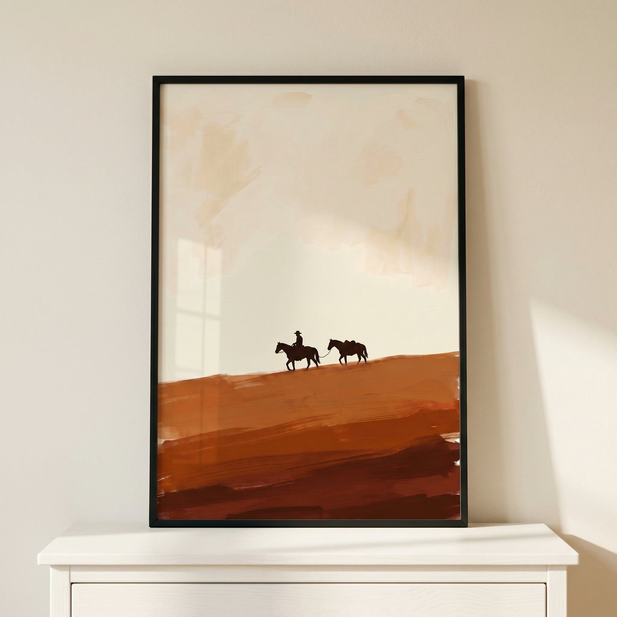 Earthy Tone Lone Cowboy Wall Art - Desert Horizon Trek