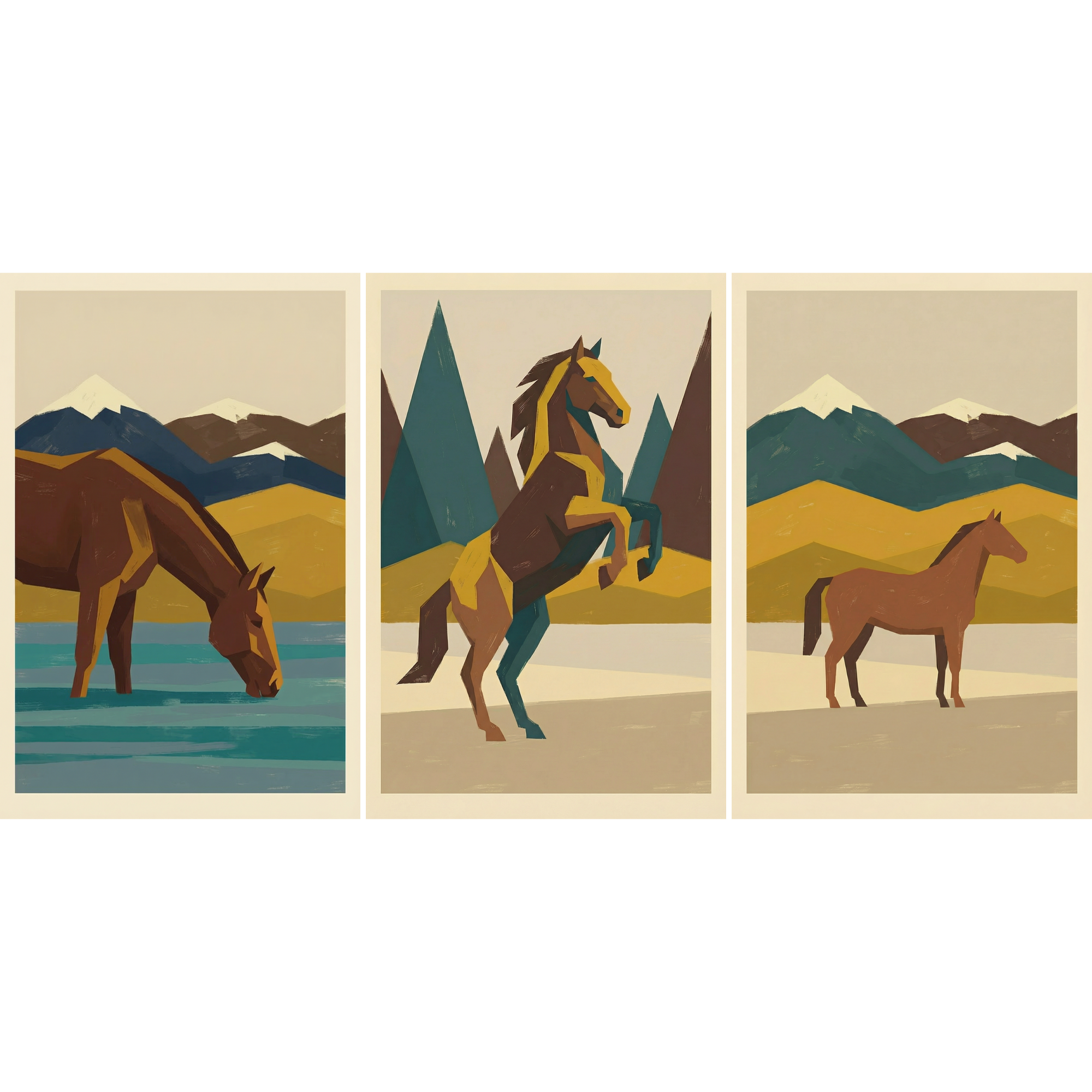 Earthy Tone Mountain Horse Artwork Set of 3 - Wild Mountain Horses