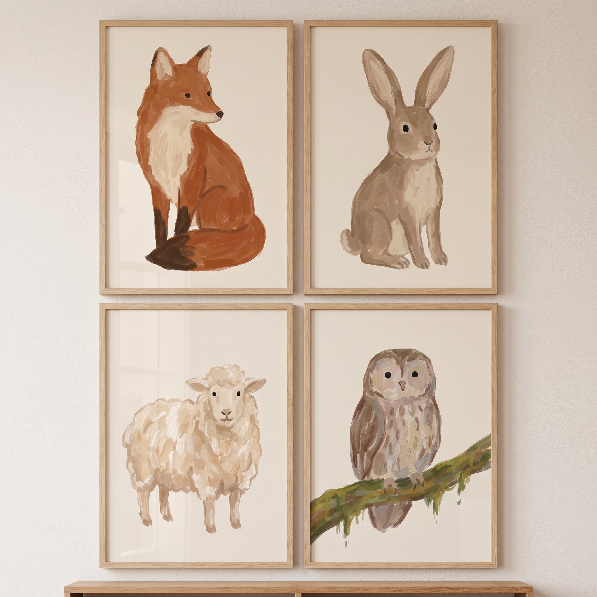 Earthy Tone Nature Animals Wall Art Set of 4 - Rustic Woodland Friends