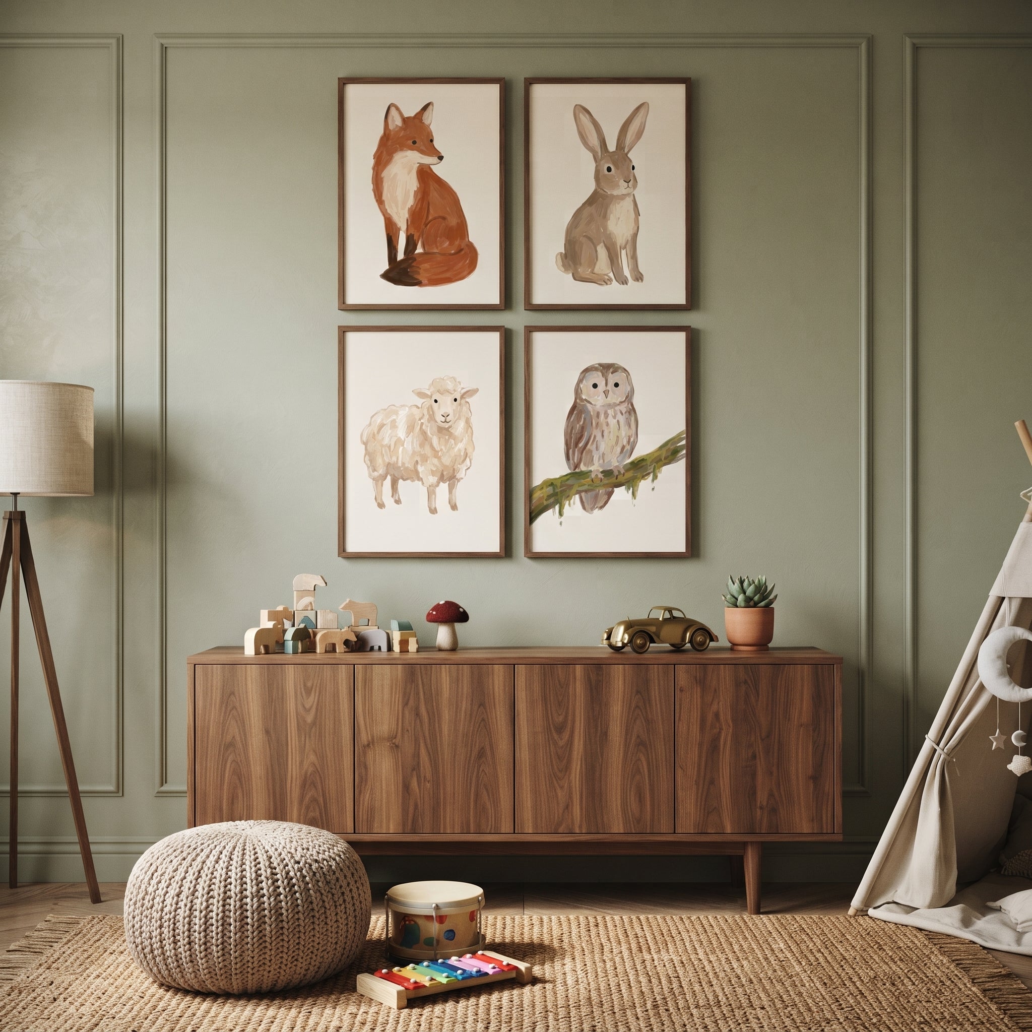 Earthy Tone Nature Animals Wall Art Set of 4 - Rustic Woodland Friends