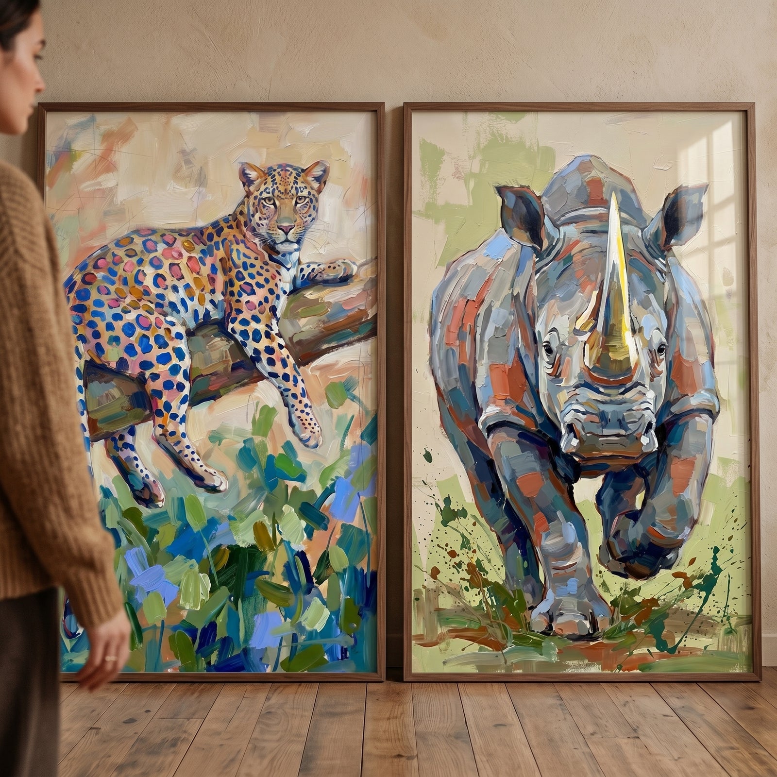 Earthy tone safari animal wall art set of 2 featuring vibrant, expressive depictions of a leopard and a rhinoceros.