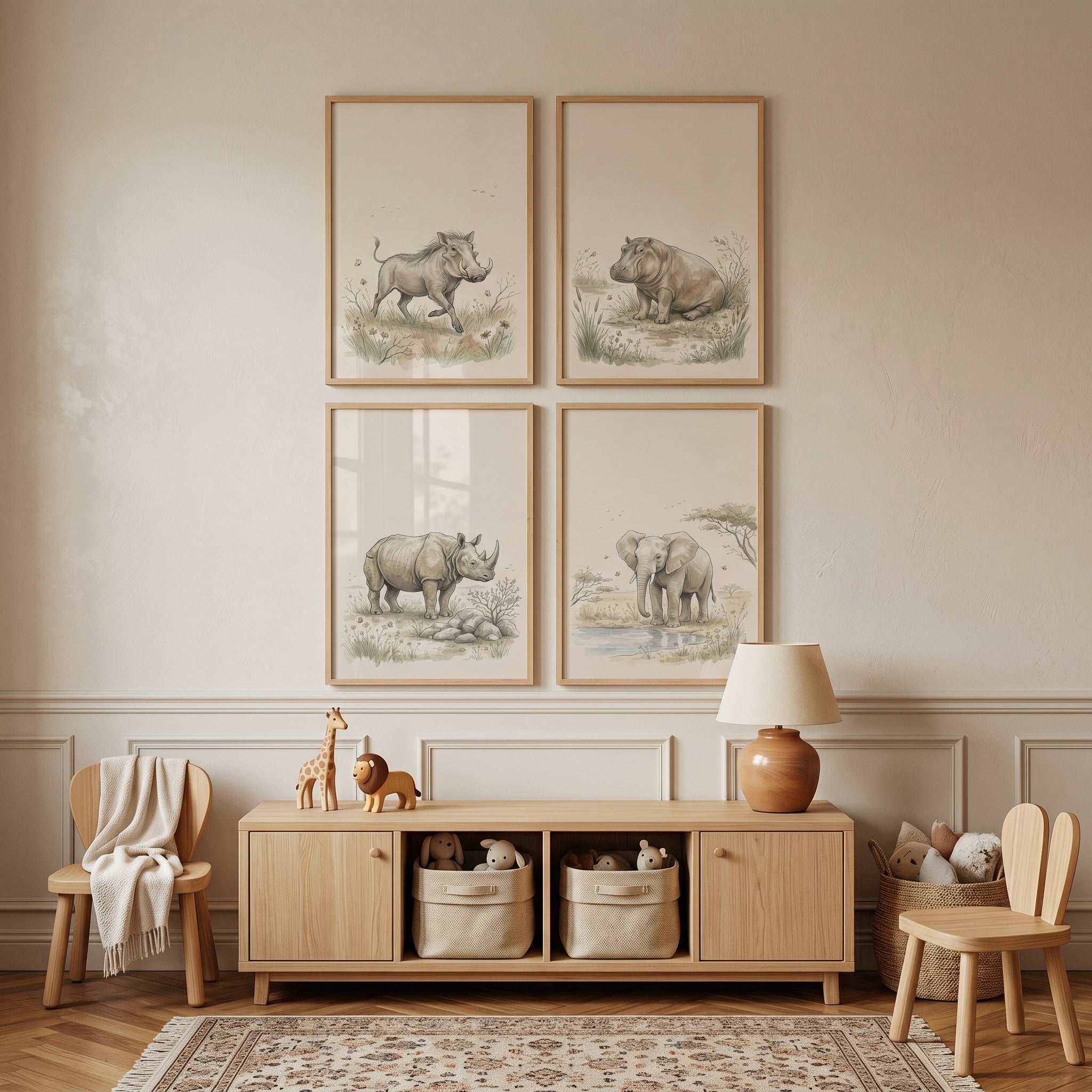 Earthy Tone Savanna Animals Wall Art Set of 4 - Vintage Safari Art