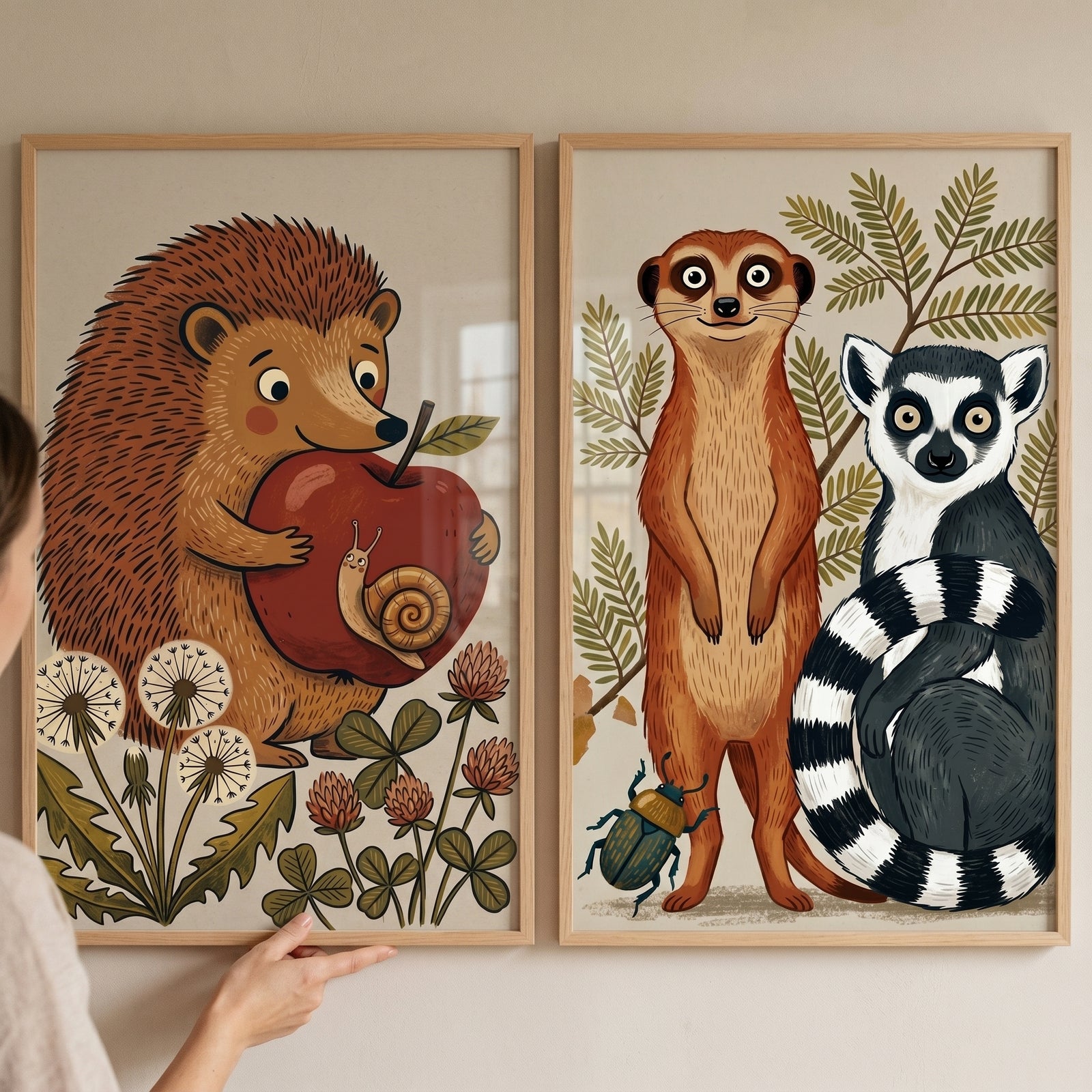 Earthy tone storybook animals wall art set of 2 with a hedgehog, snail, meerkat, and lemur in light wood frames.