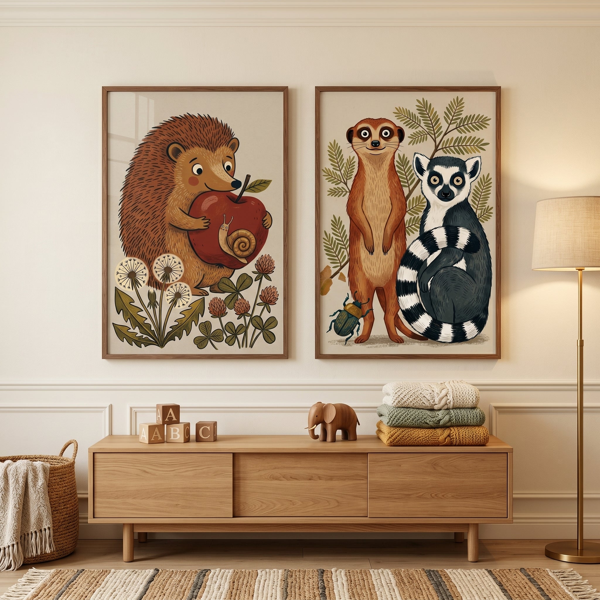 Earthy Tone Storybook Animals Wall Art Set of 2 - Curious Forest Friends