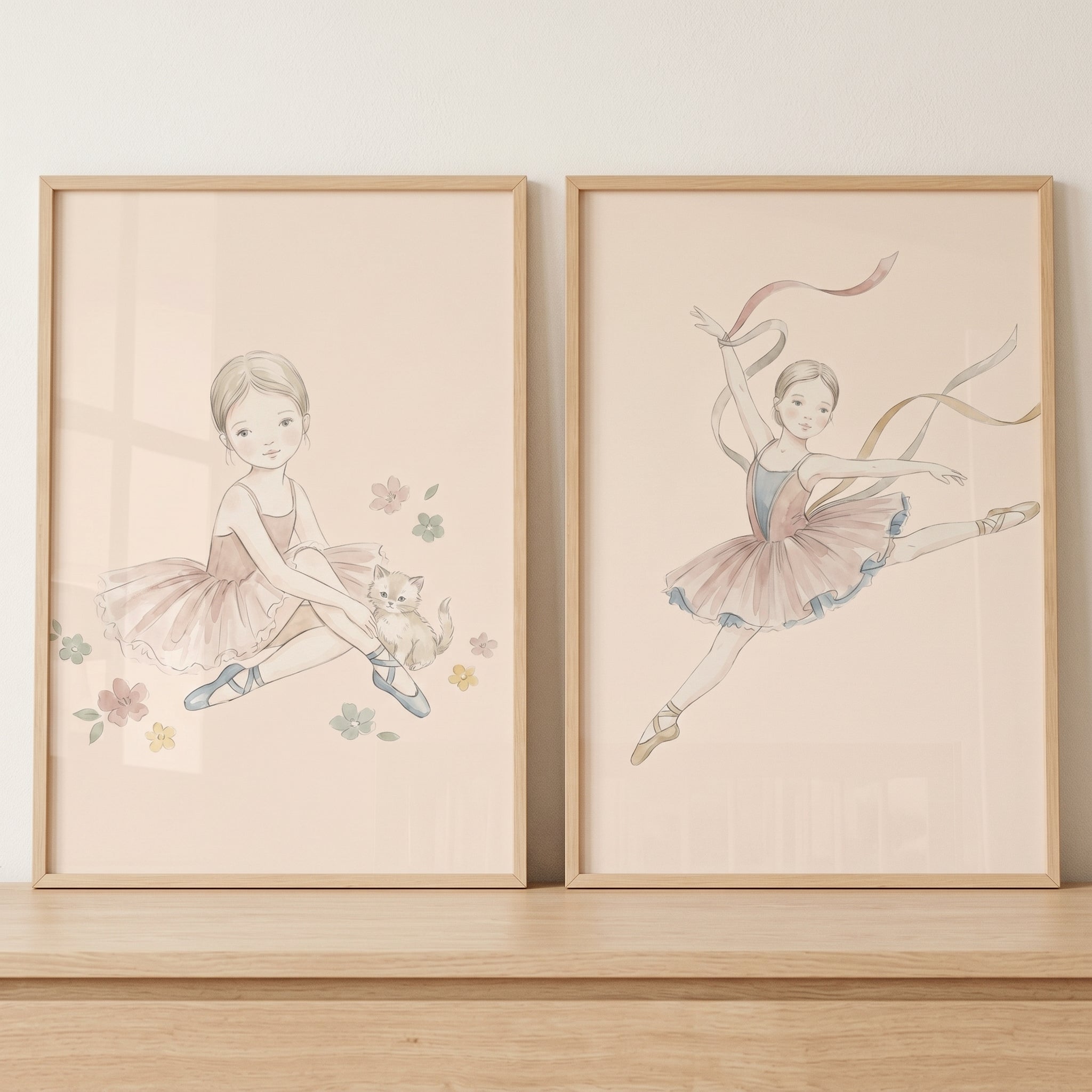 Earthy Tone Watercolor Ballerina Wall Art Set of 2 - Whimsical Tutu Dreams