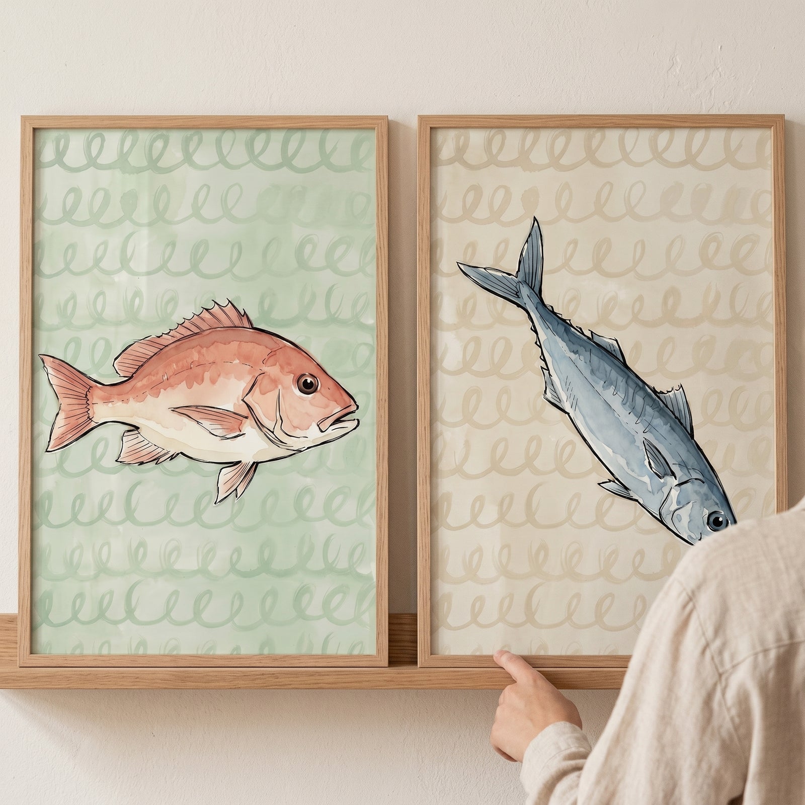 Pink and blue fish on patterned backgrounds in an earthy tone watercolor fish wall art set of 2.