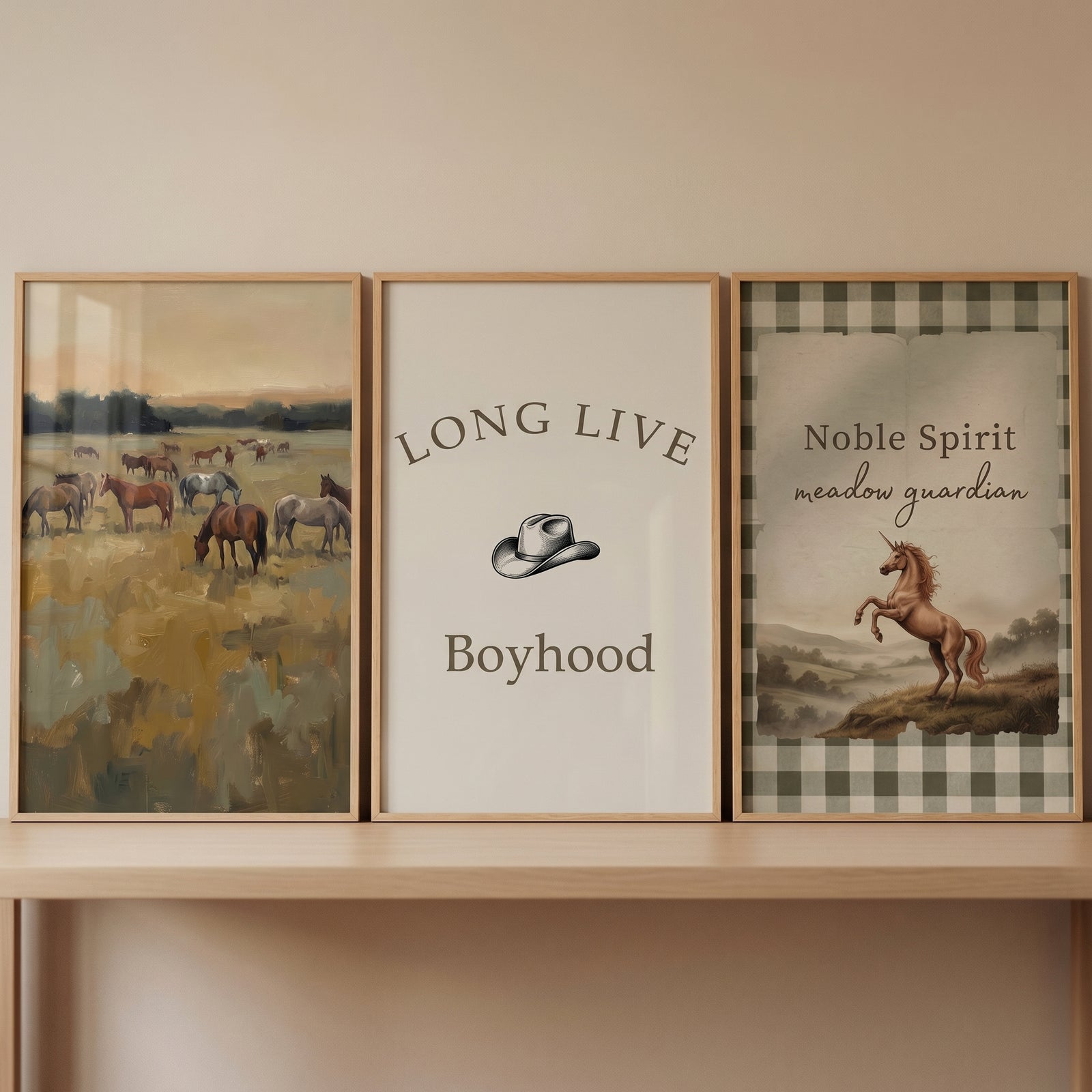 Earthy tone western horse wall art set of 3 featuring wild horses, a cowboy hat, and a rearing unicorn on a shelf.