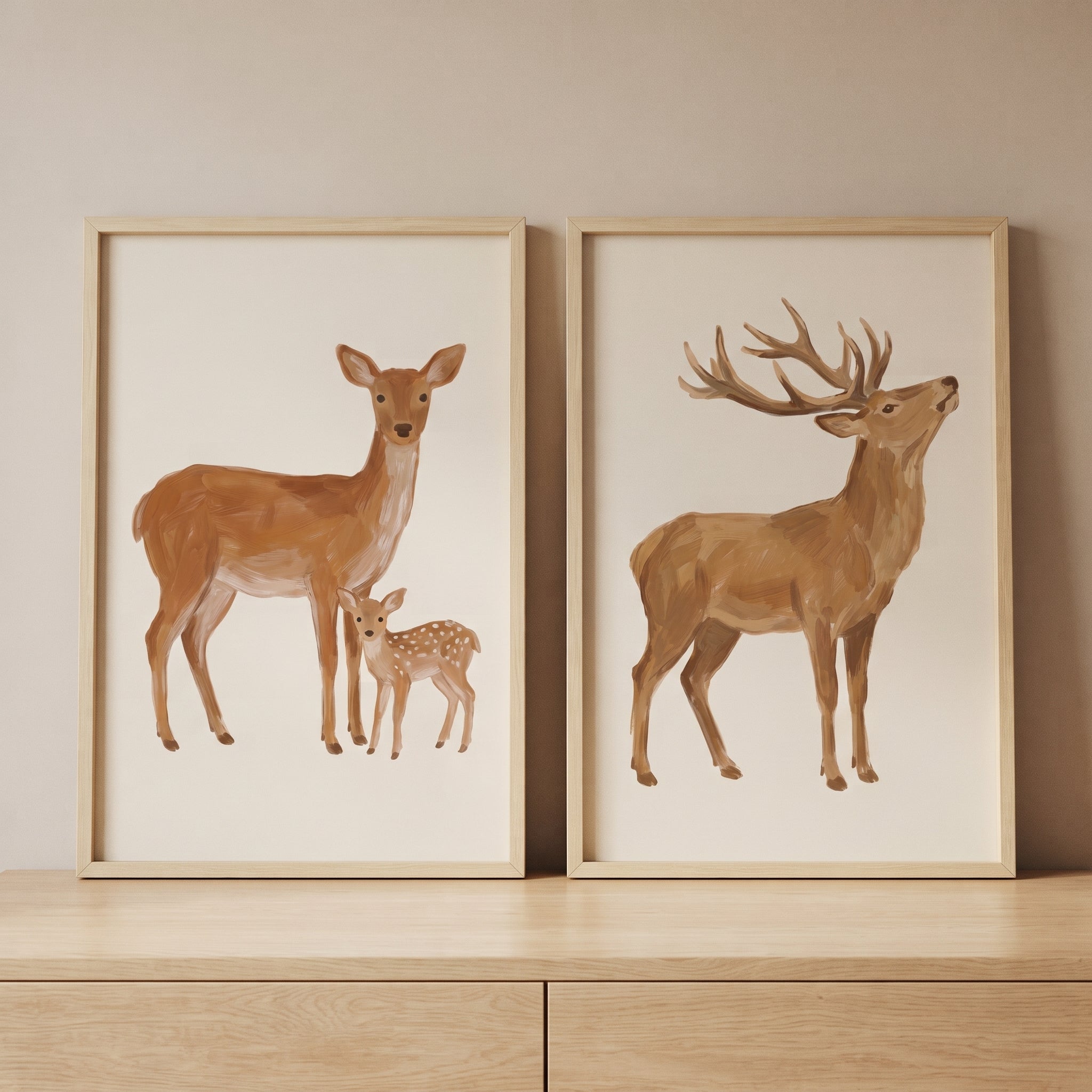 Earthy Tone Woodland Deer Wall Art Set of 2 - Forest Family Trio
