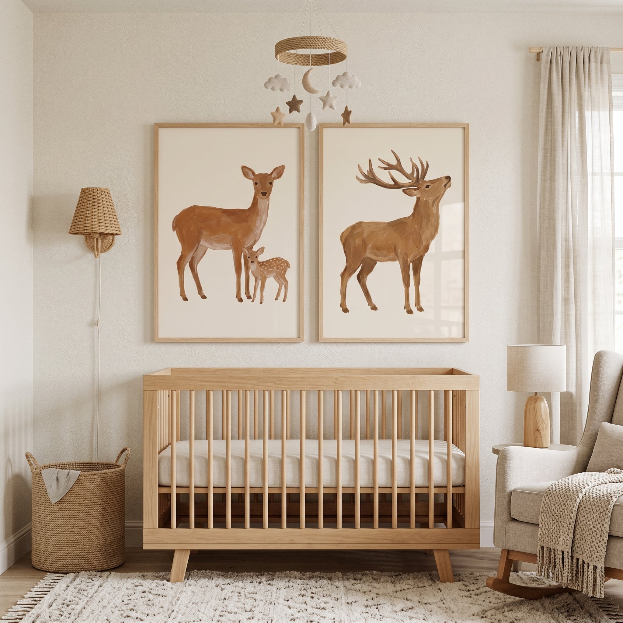 Earthy Tone Woodland Deer Wall Art Set of 2 - Forest Family Trio