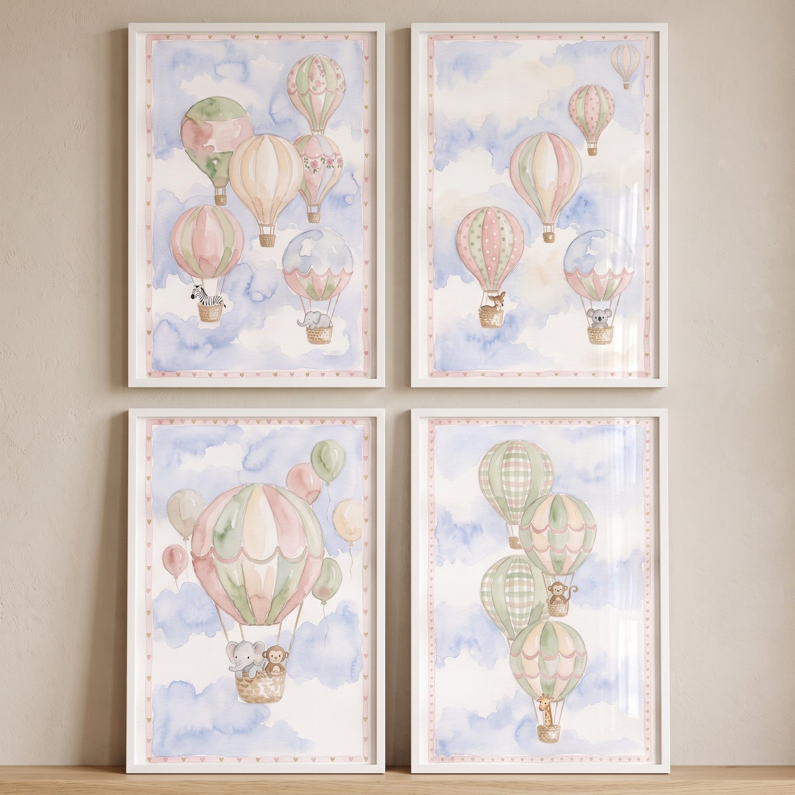 Earthy toned nursery balloon wall art set of 4 with watercolor animals in hot air balloons over soft blue clouds.