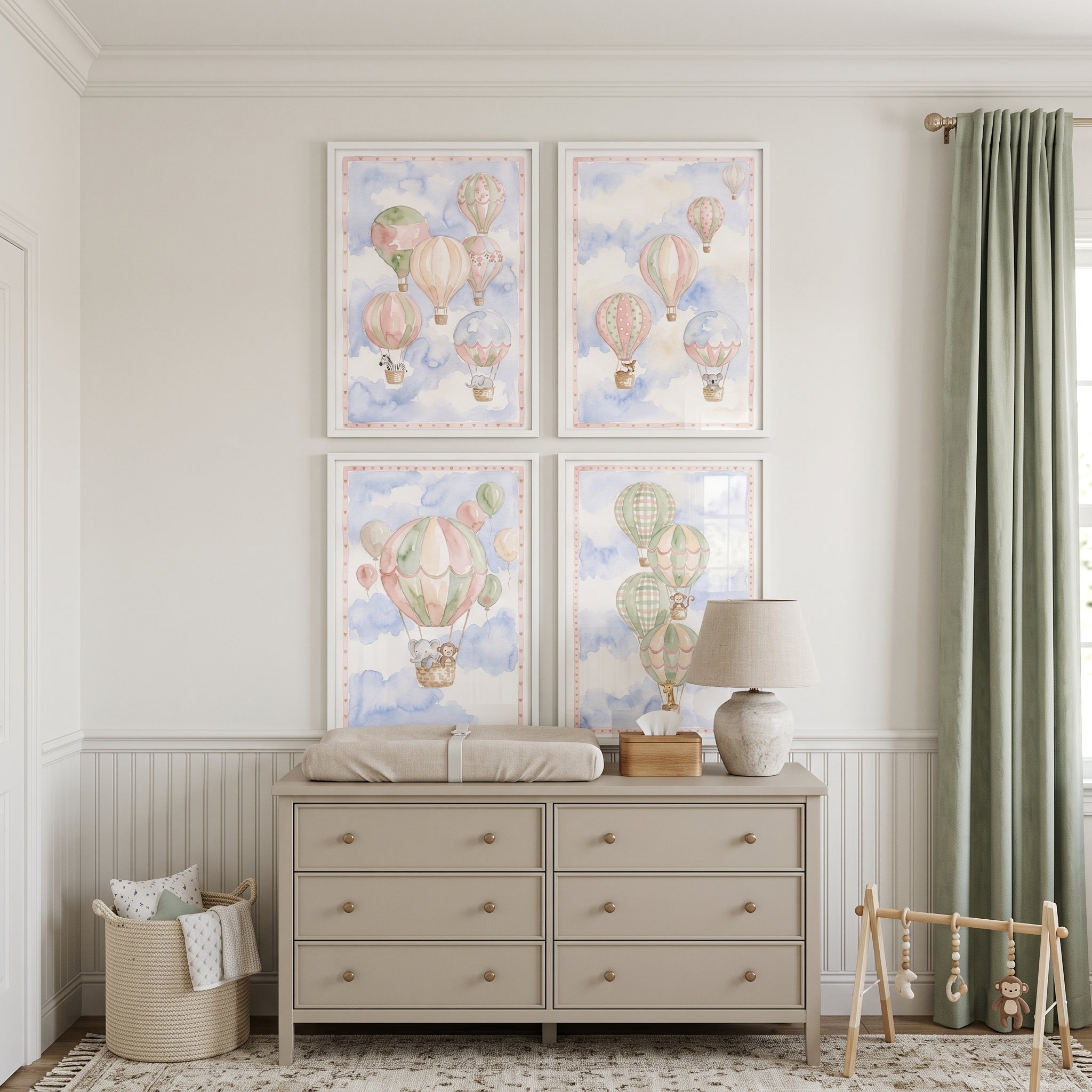 Earthy Toned Nursery Balloon Wall Art Set Of 4 - Pastel Balloon Voyage