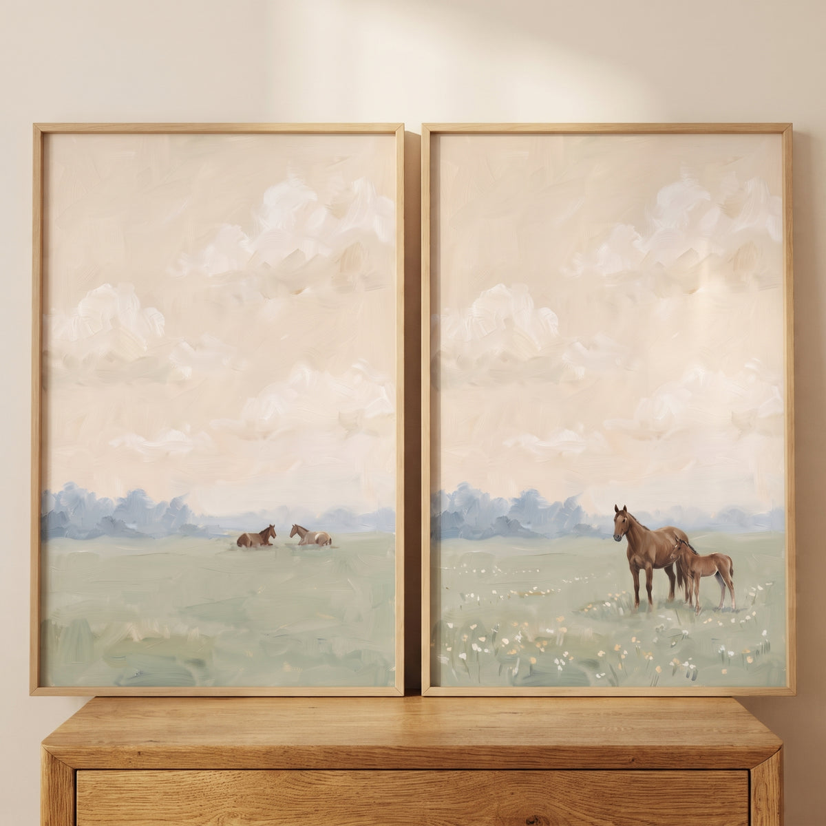 Earthy toned pasture horse wall art set of 2 features brown horses in a soft meadow under a hazy sky.