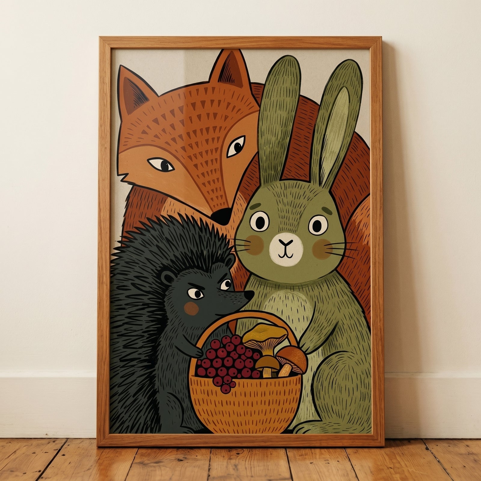 Fox, rabbit, and hedgehog with a basket of berries and mushrooms in an earthy tones forest friends animals artwork.