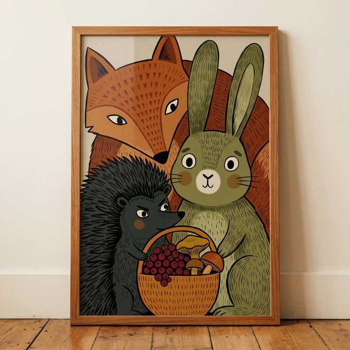 Fox, rabbit, and hedgehog with a basket of berries and mushrooms in an earthy tones forest friends animals artwork.