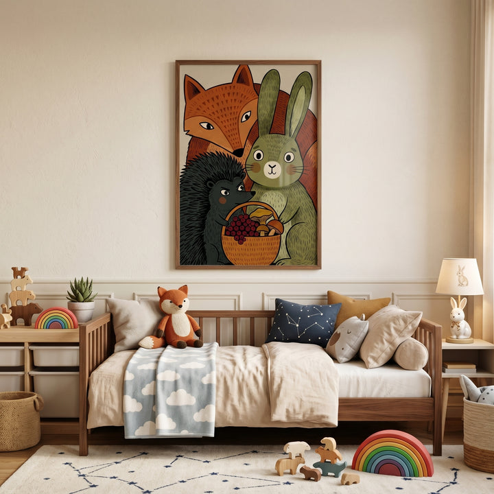 Earthy tones forest friends animals artwork hangs above a daybed with a plush fox and cloud blanket in a cozy room.