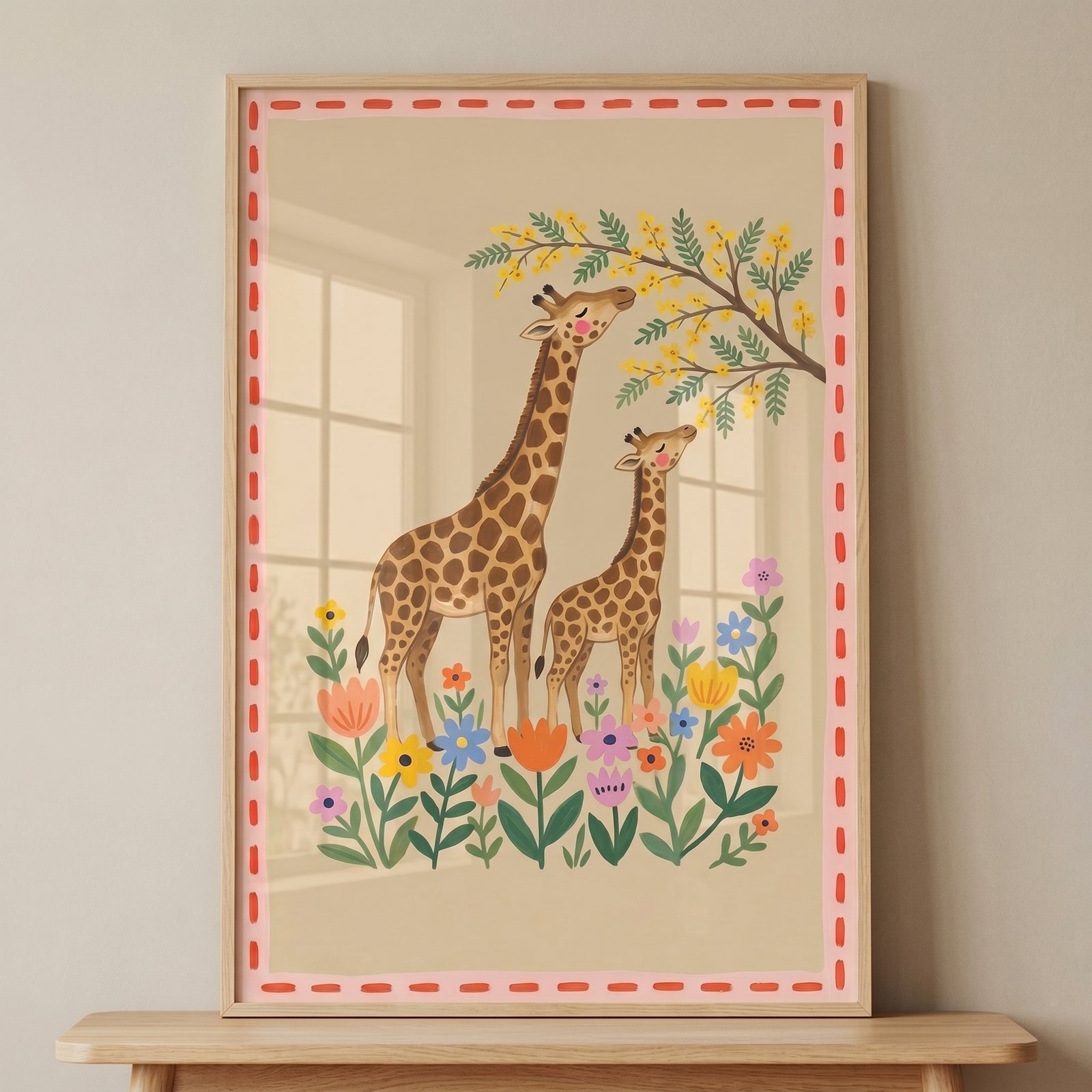 Earthy tones garden mother giraffe artwork shows a parent and calf reaching for yellow blossoms among colorful wildflowers.