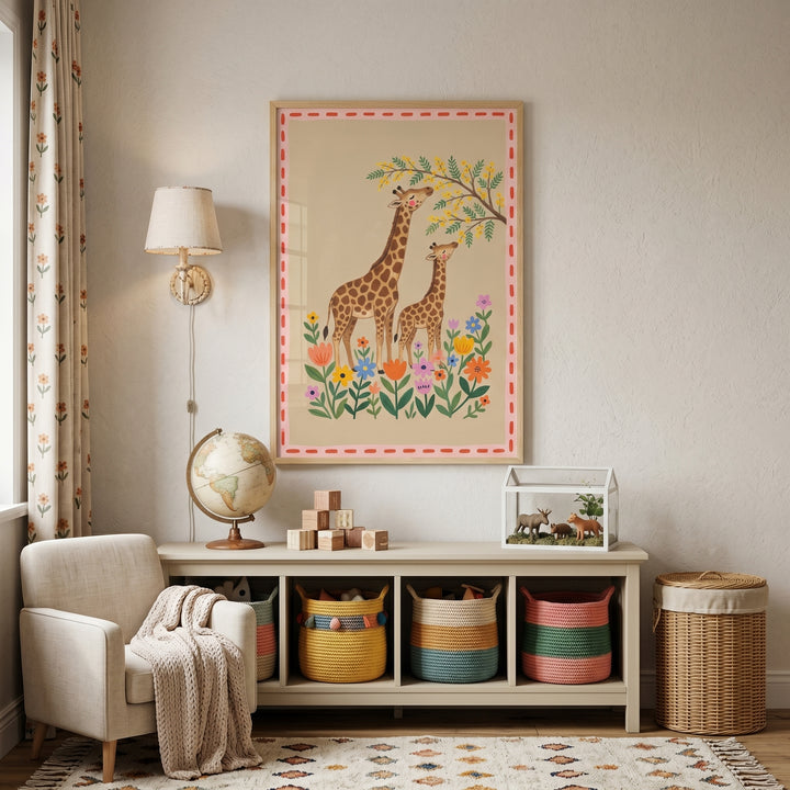 Nursery featuring a cozy armchair, globe, and woven bins beneath earthy tones garden mother giraffe artwork.